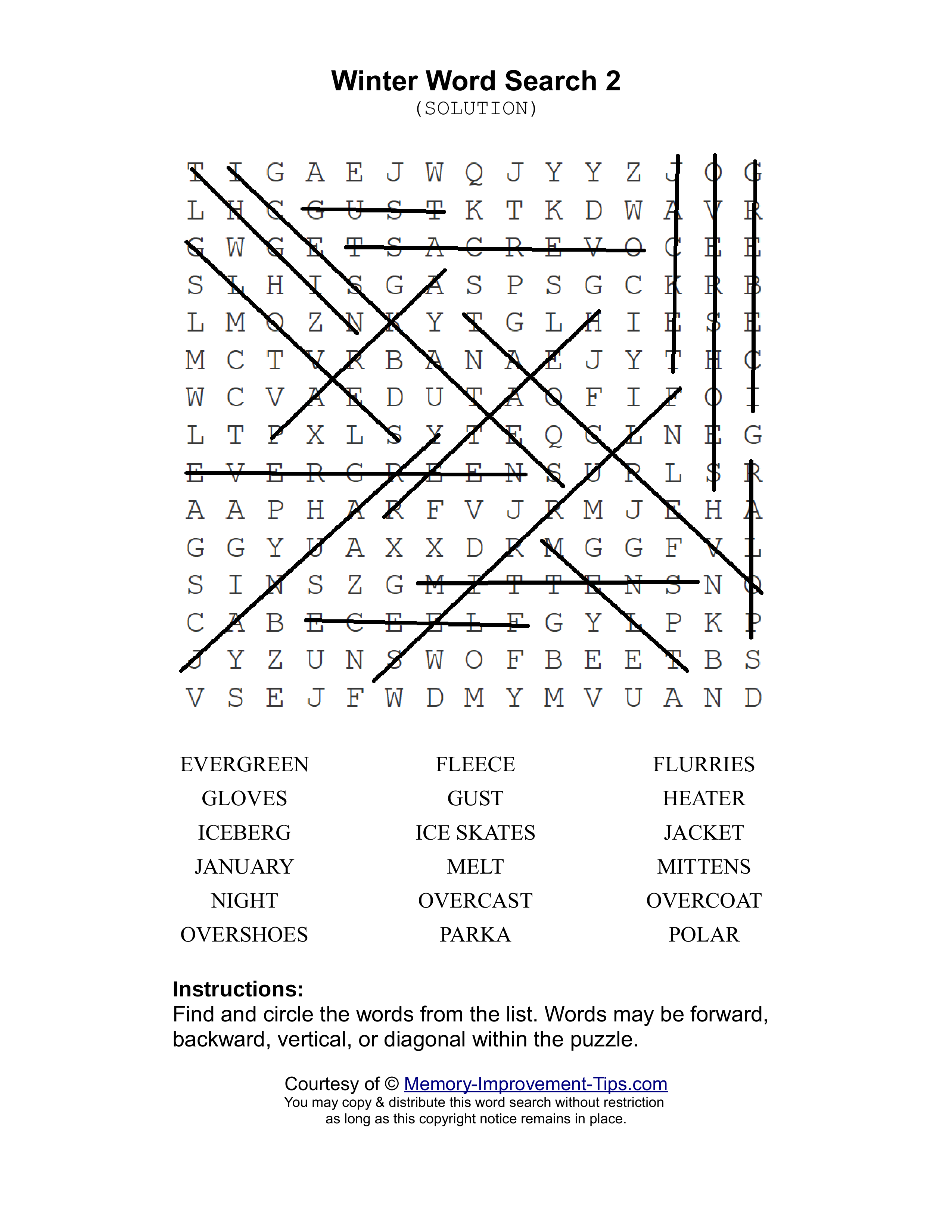 Winter 2 word search printable solution