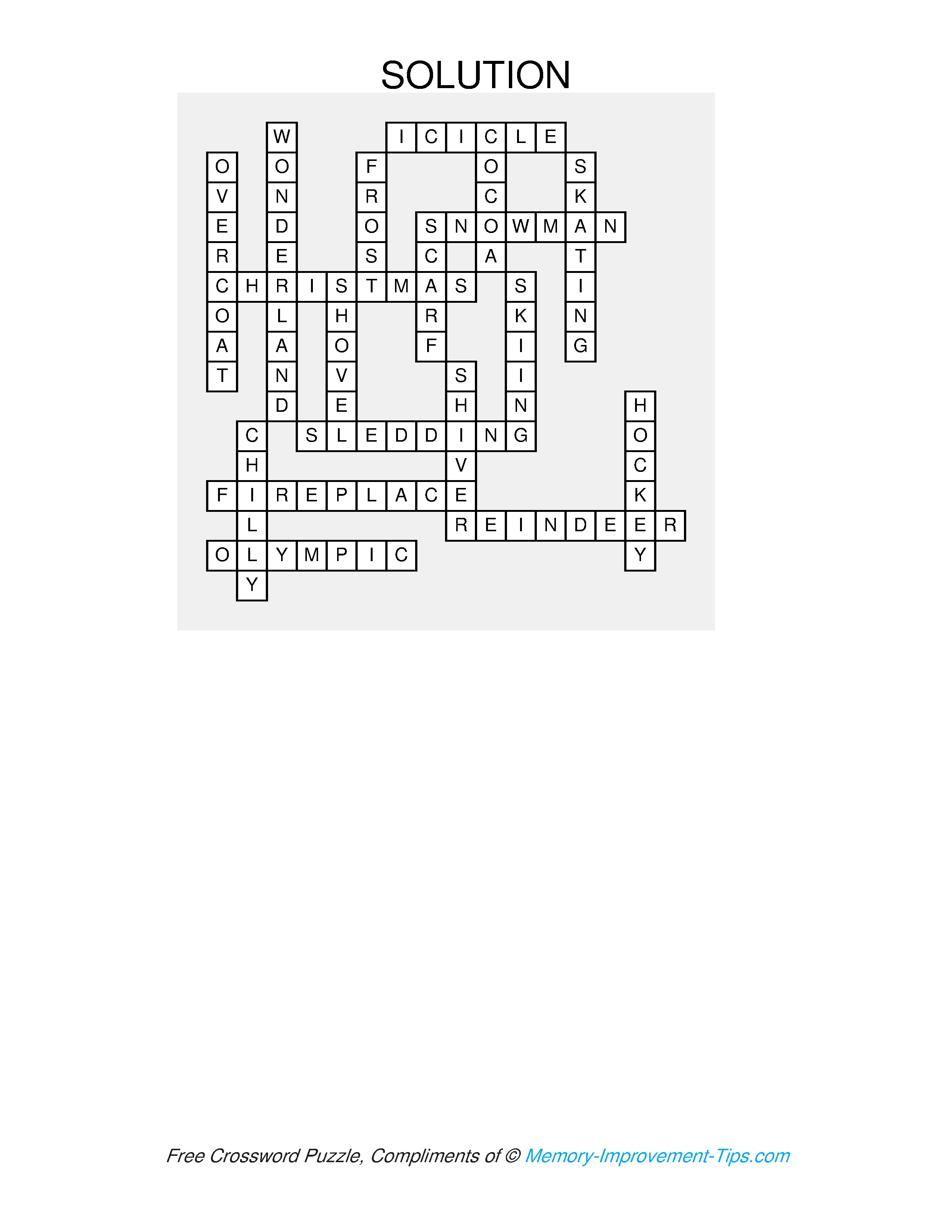 Answer key for the Winter Crossword Puzzle