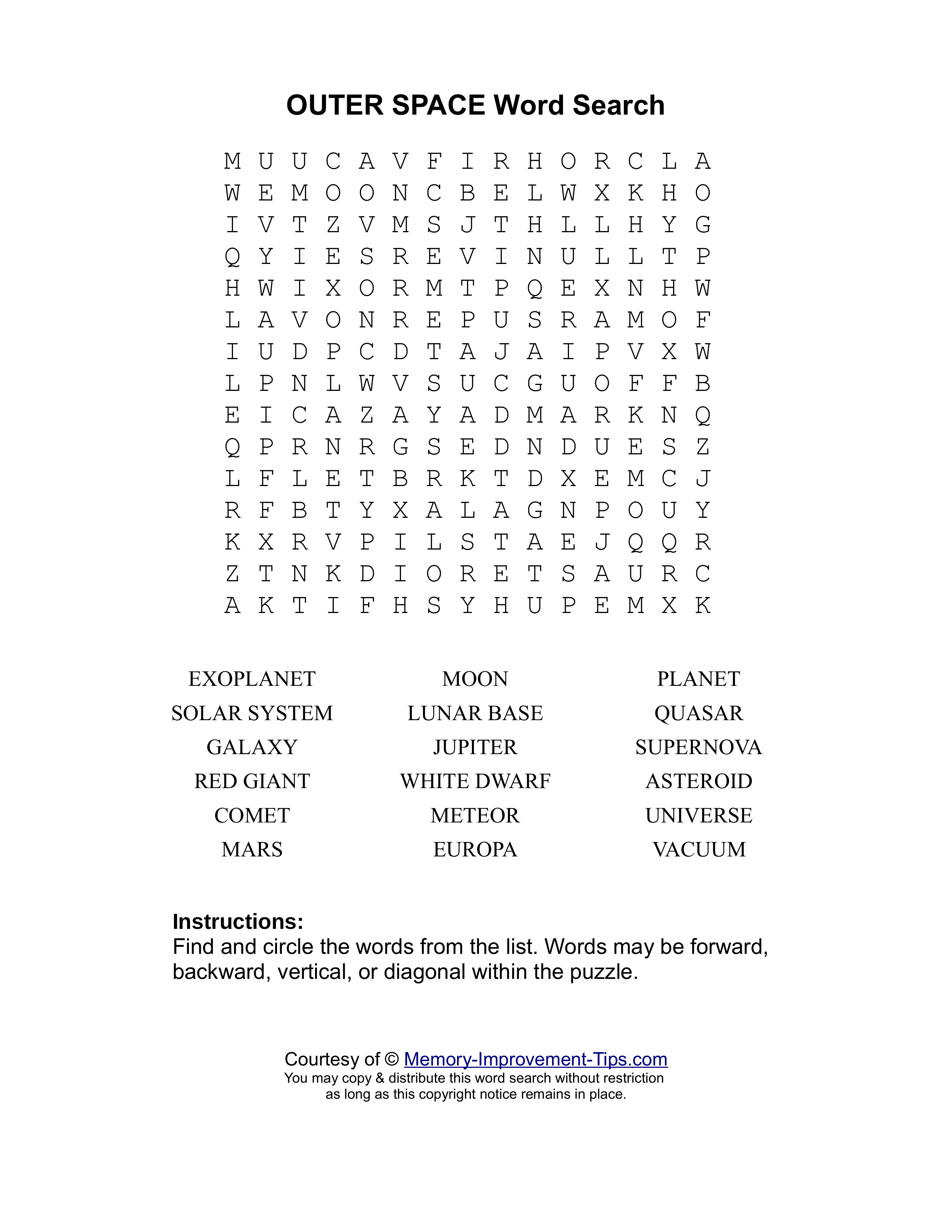 Outer Space word search printable puzzle