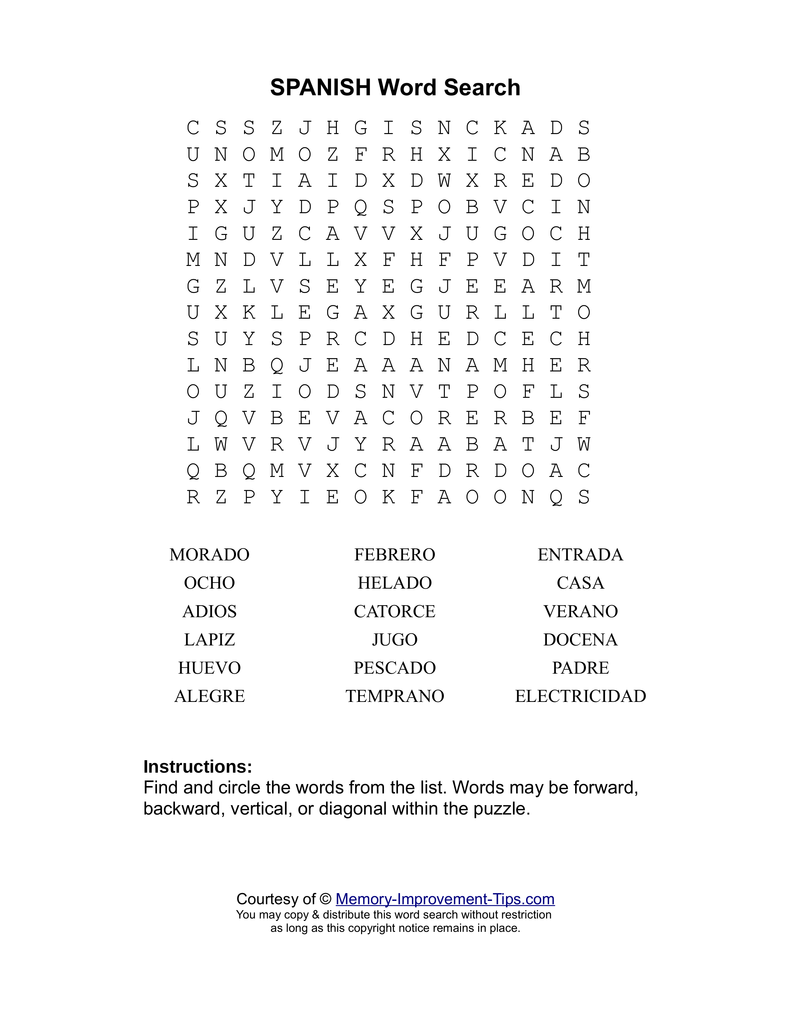 Spanish word search printable puzzle