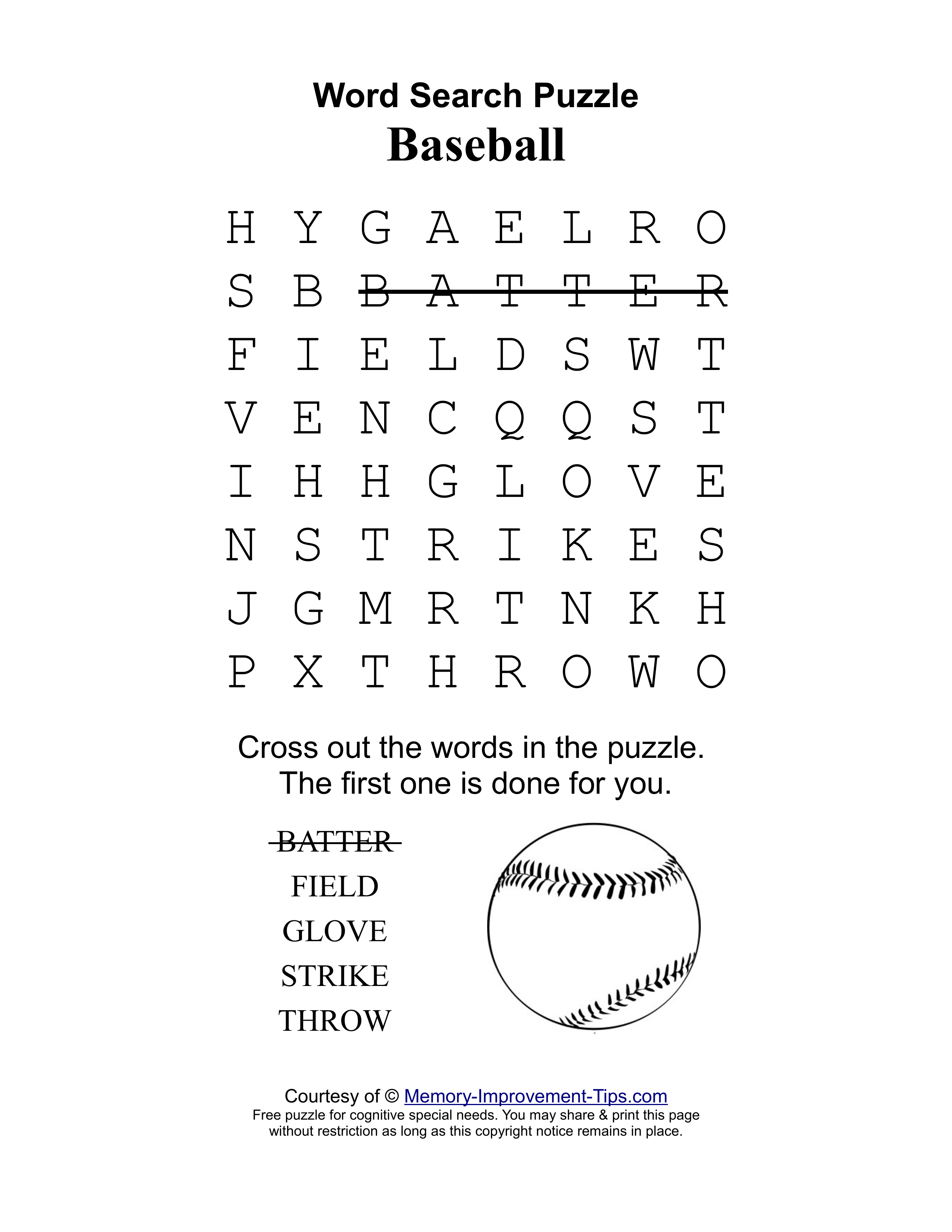 Baseball special needs word search printable puzzle