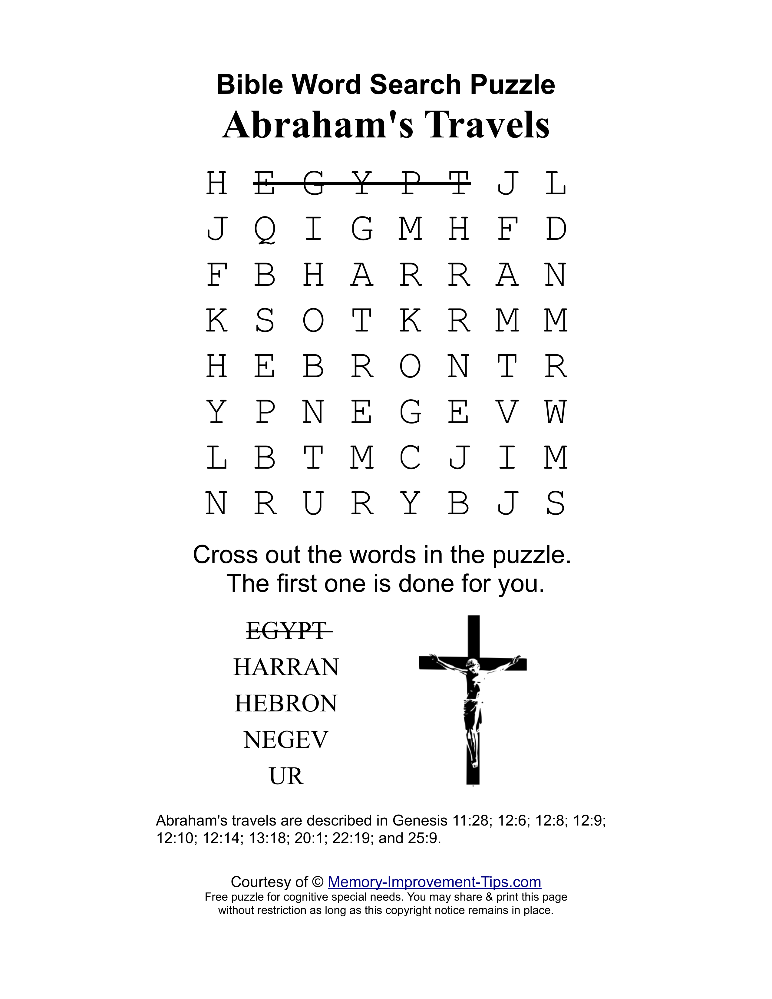 Abraham's Travels special needs word search printable puzzle