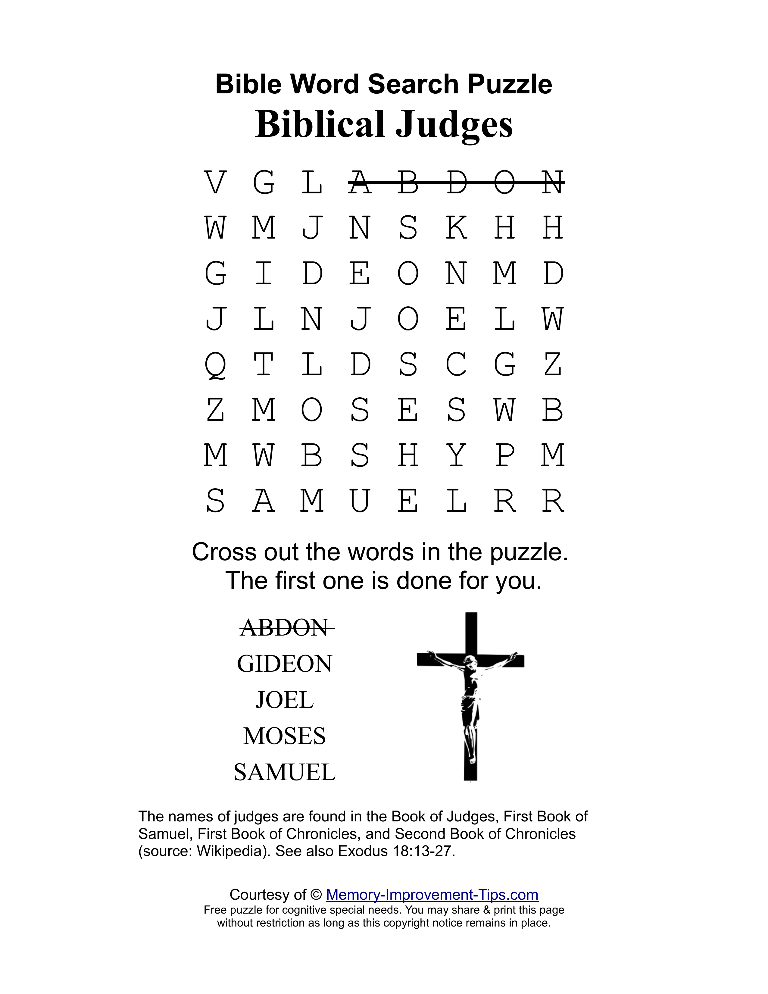 Biblical Judges special needs word search printable puzzle