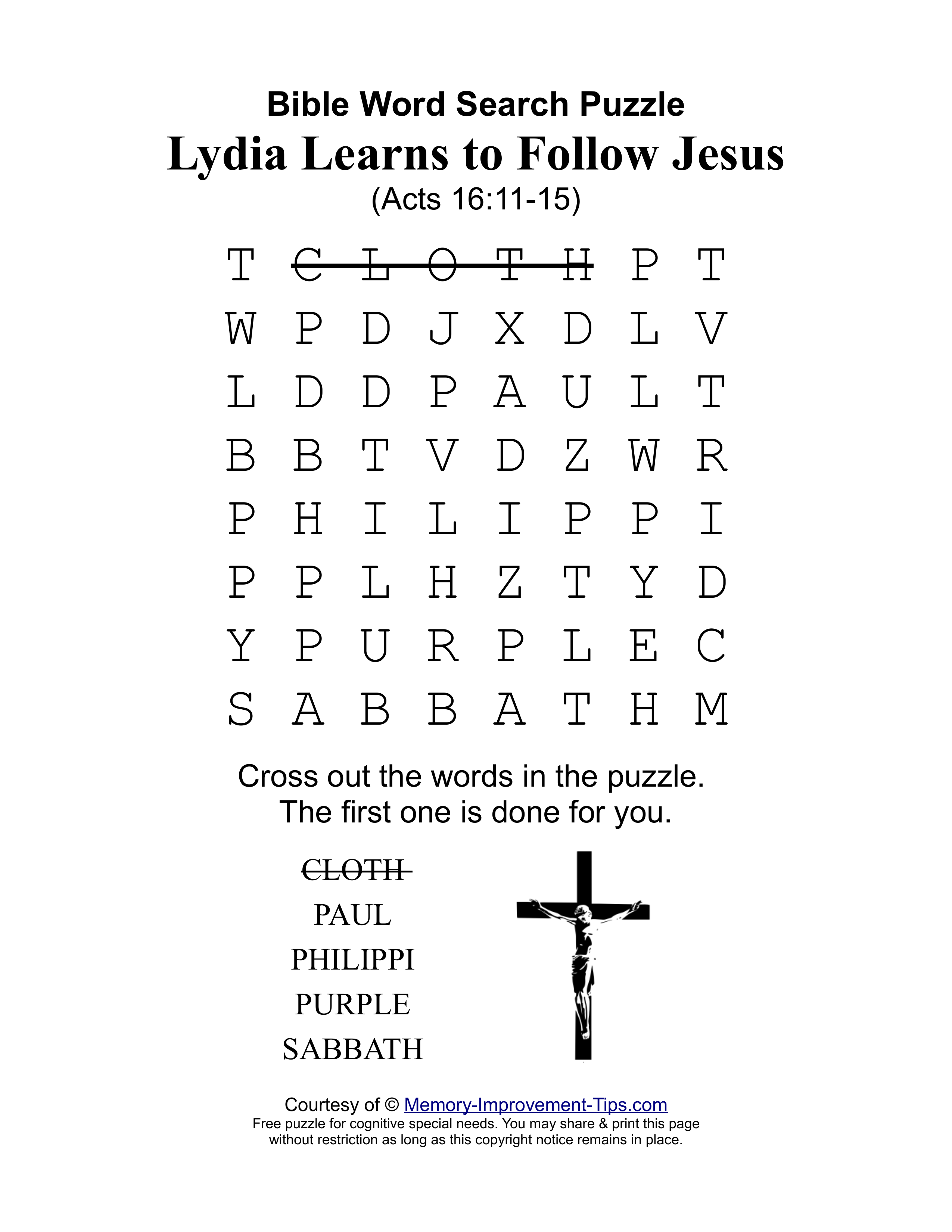 Lydia Learns to Follow Jesus (Acts 16:11-15) special needs word search printable puzzle