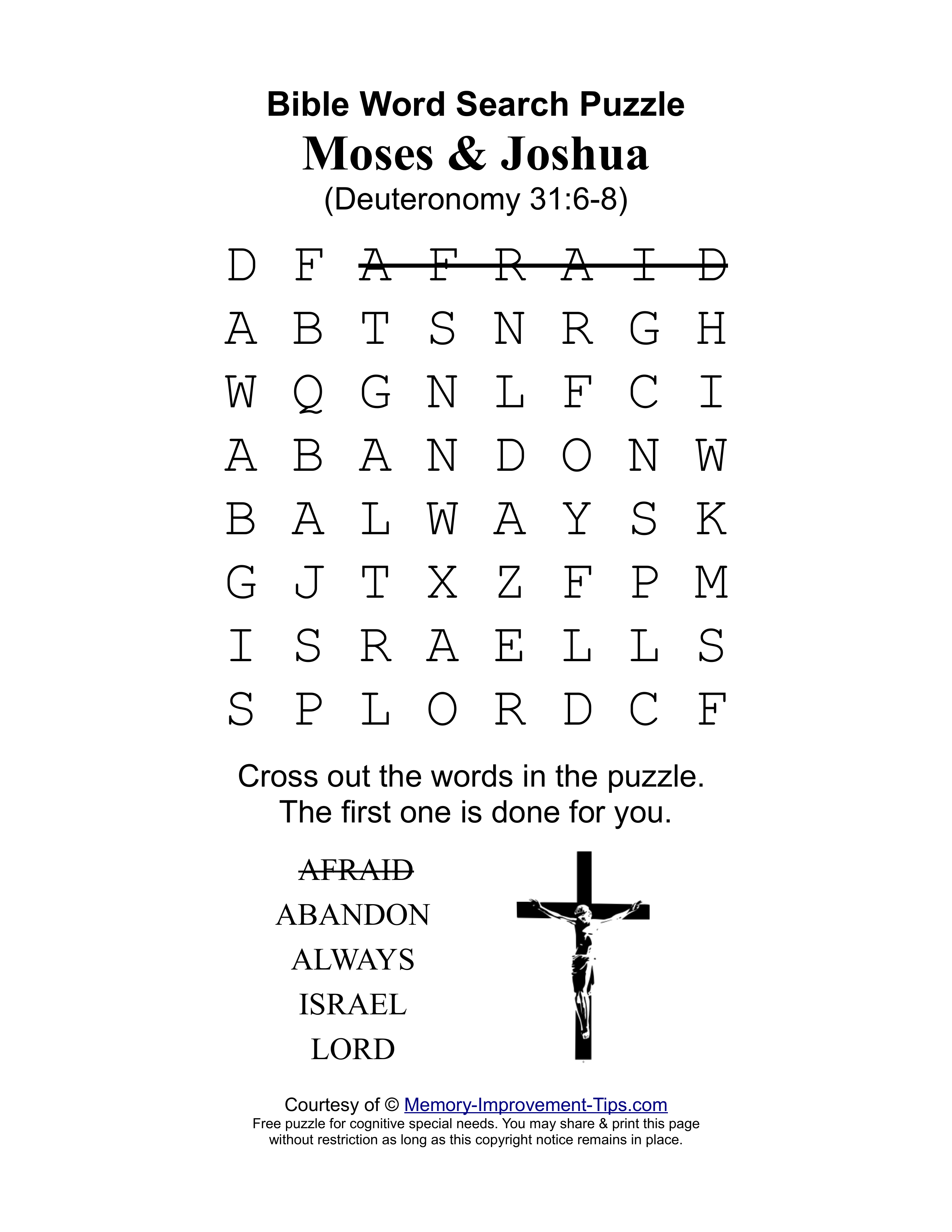 Moses & Joshua (Deuteronomy 31:6-8) special needs word search printable puzzle