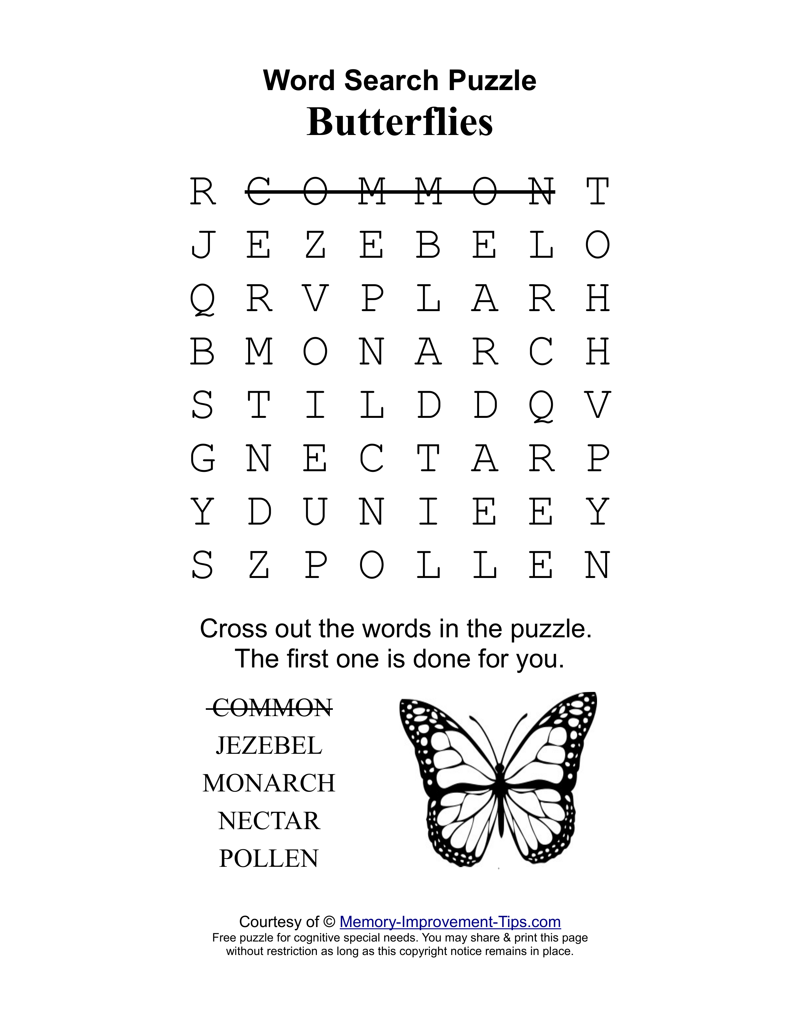 Butterflies special needs word search printable puzzle