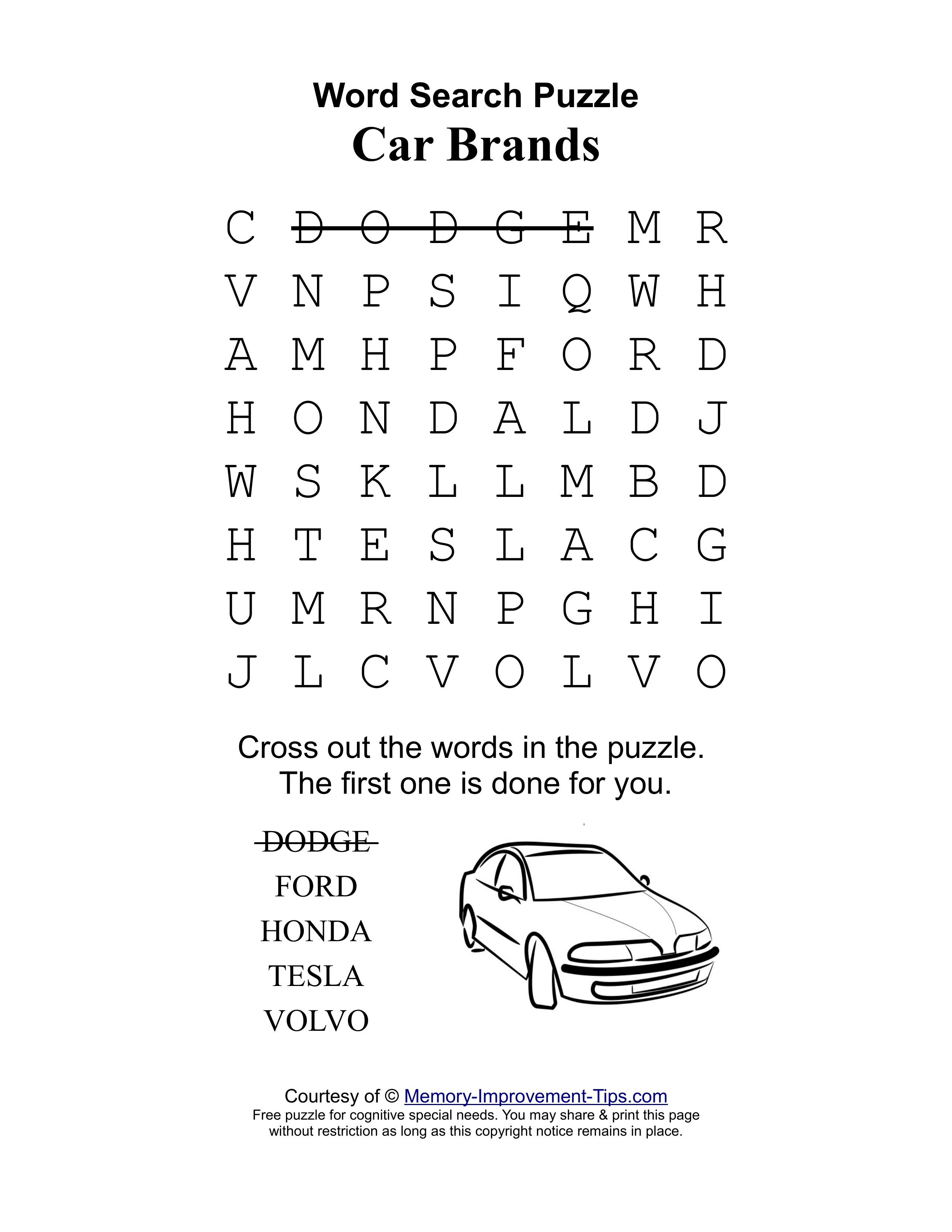 Car Brands special needs word search printable puzzle