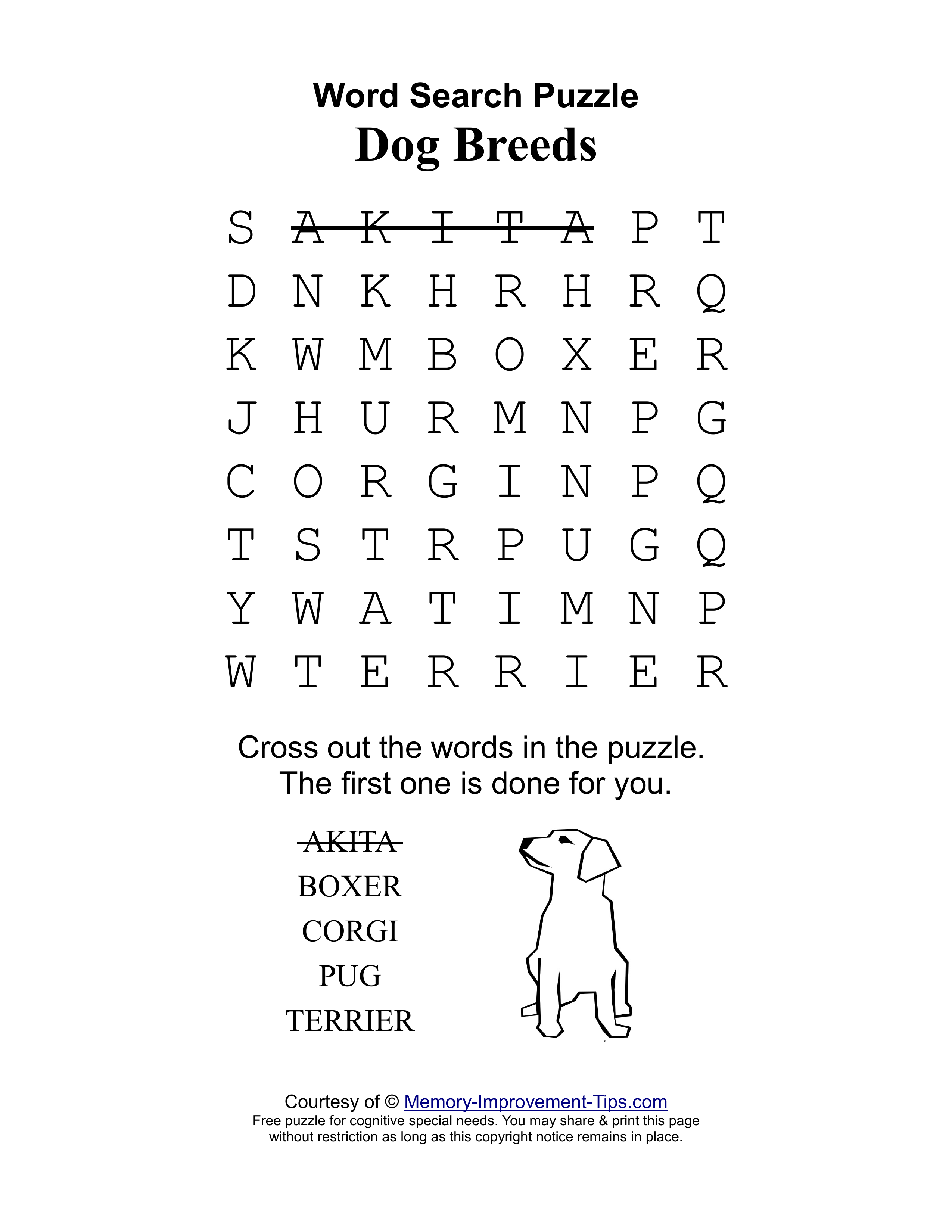 Dog Breeds special needs word search printable puzzle