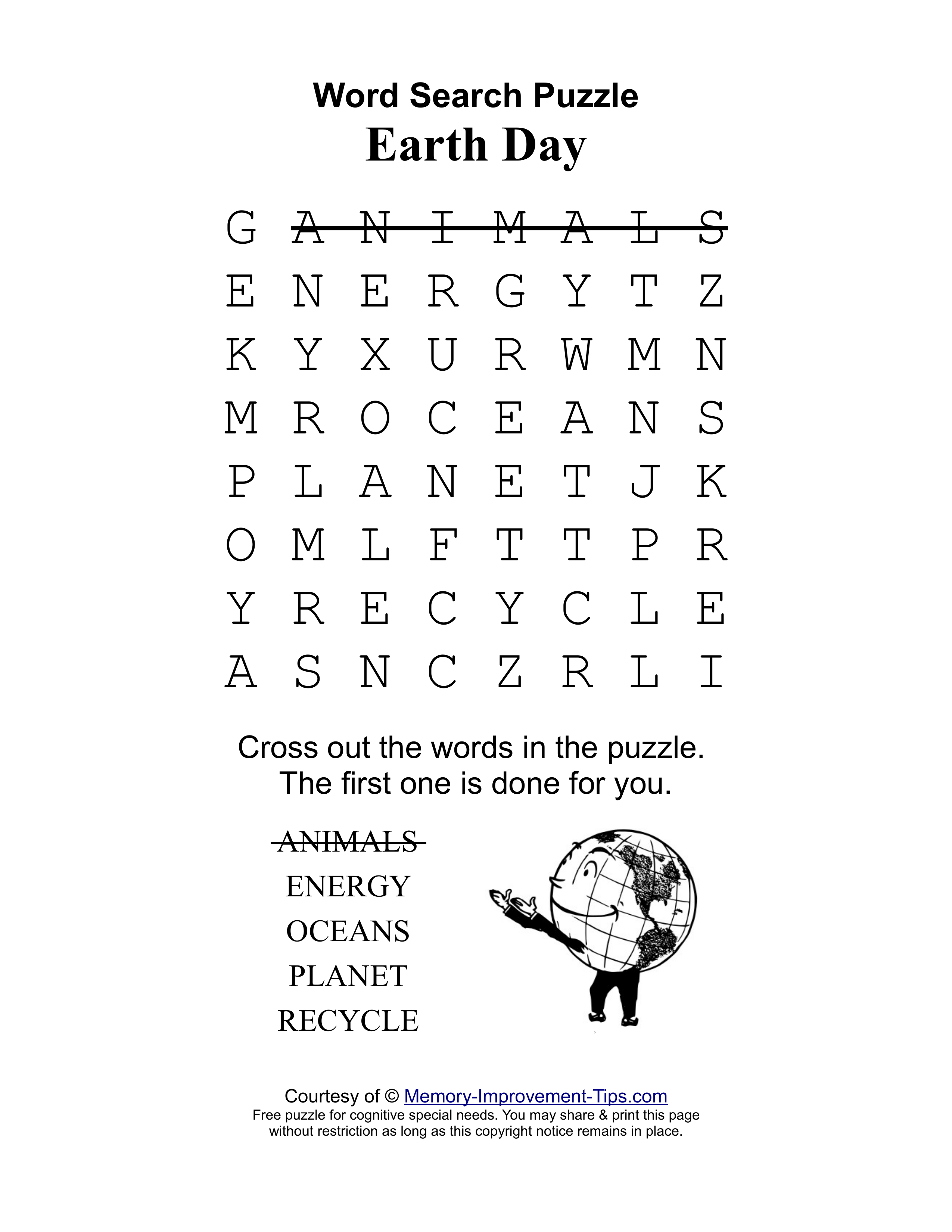 Earth Day special needs word search printable puzzle