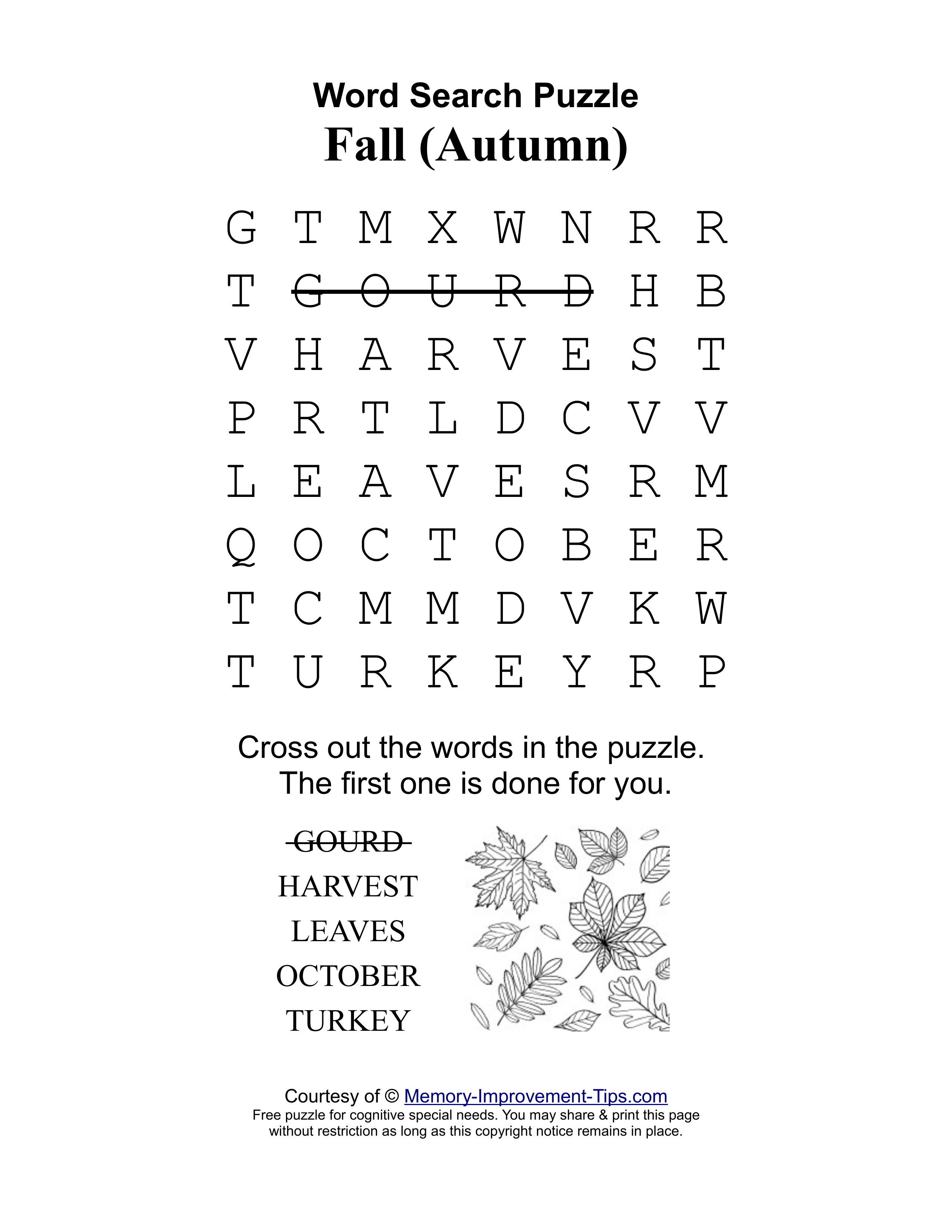 Fall (Autumn) special needs word search printable puzzle