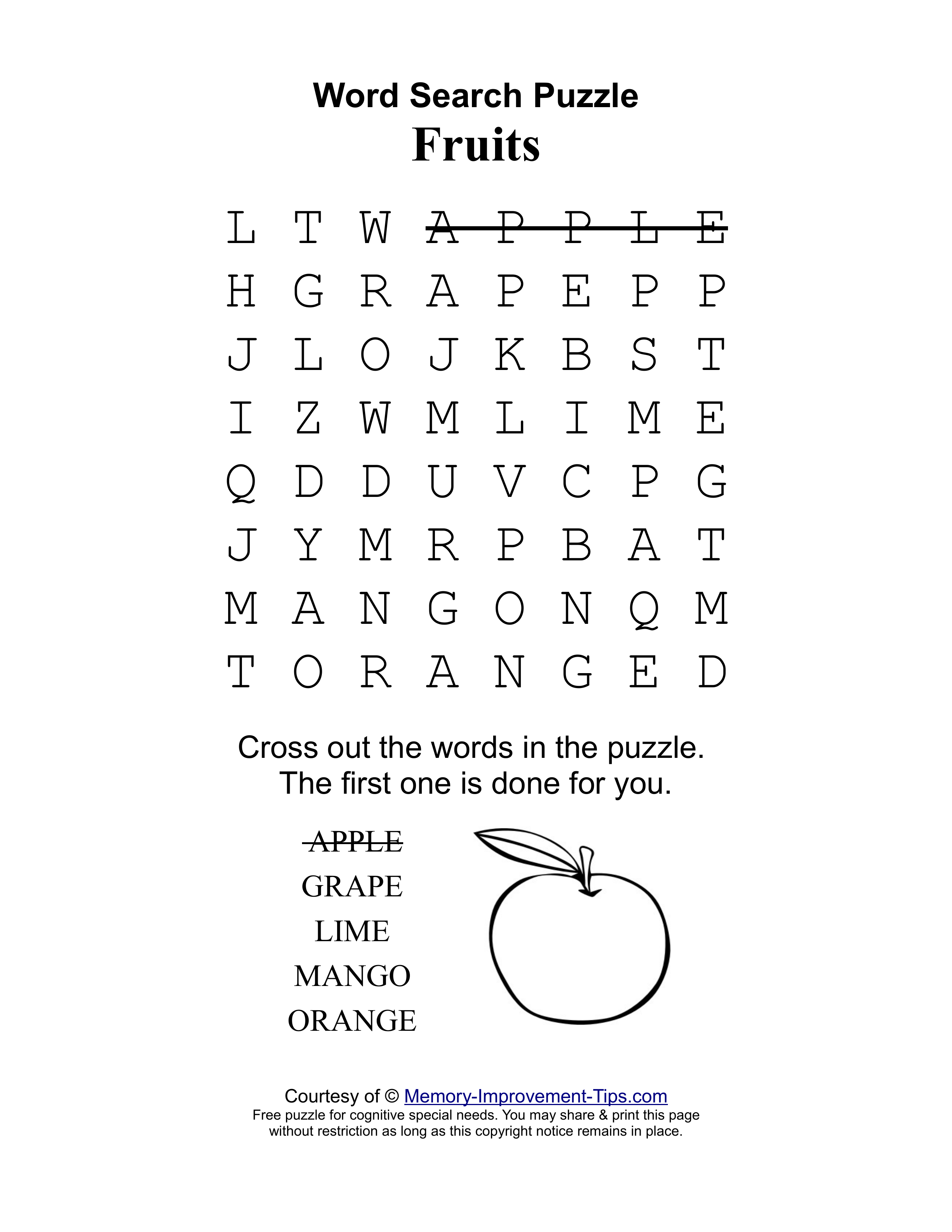Fruits special needs word search printable puzzle