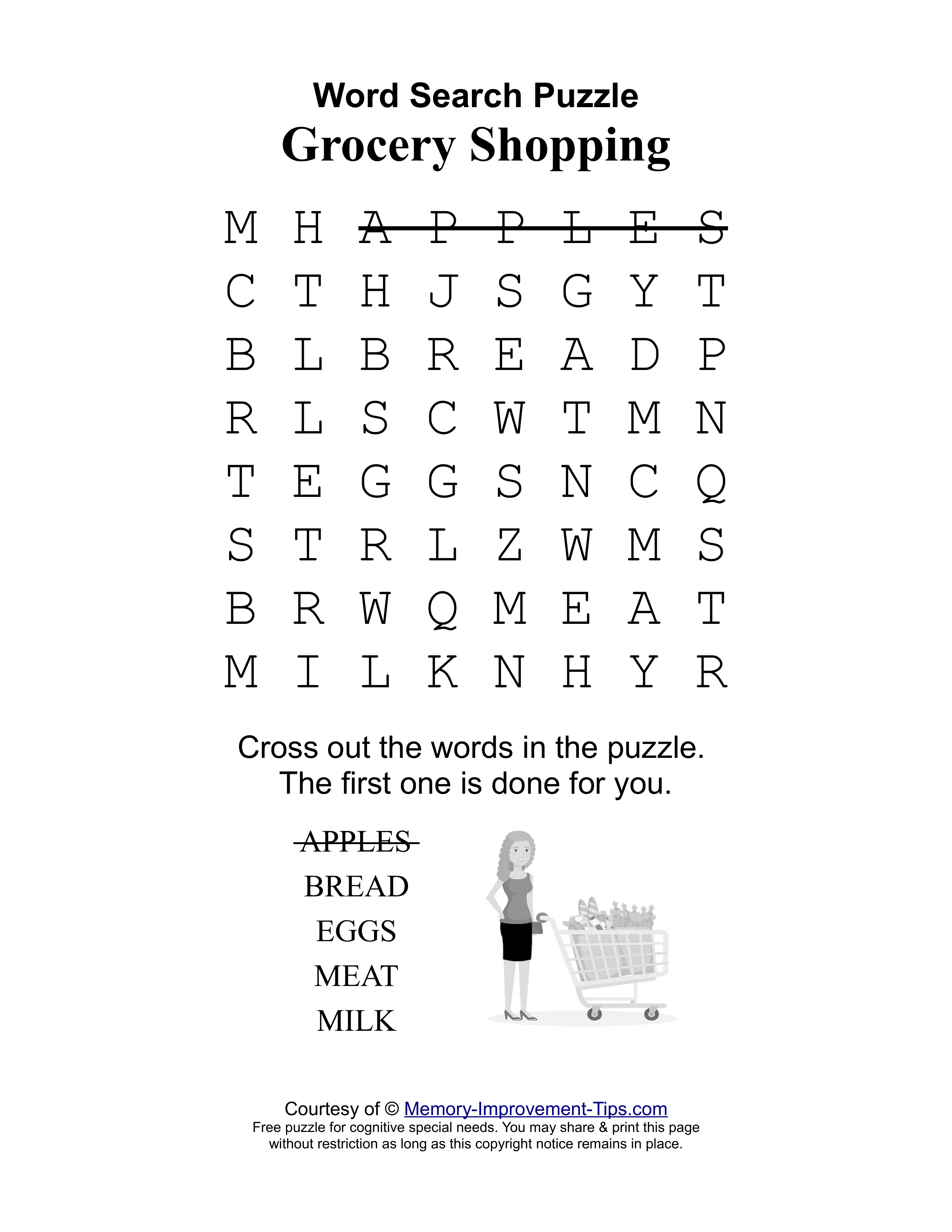 Grocery Shopping special needs word search printable puzzle