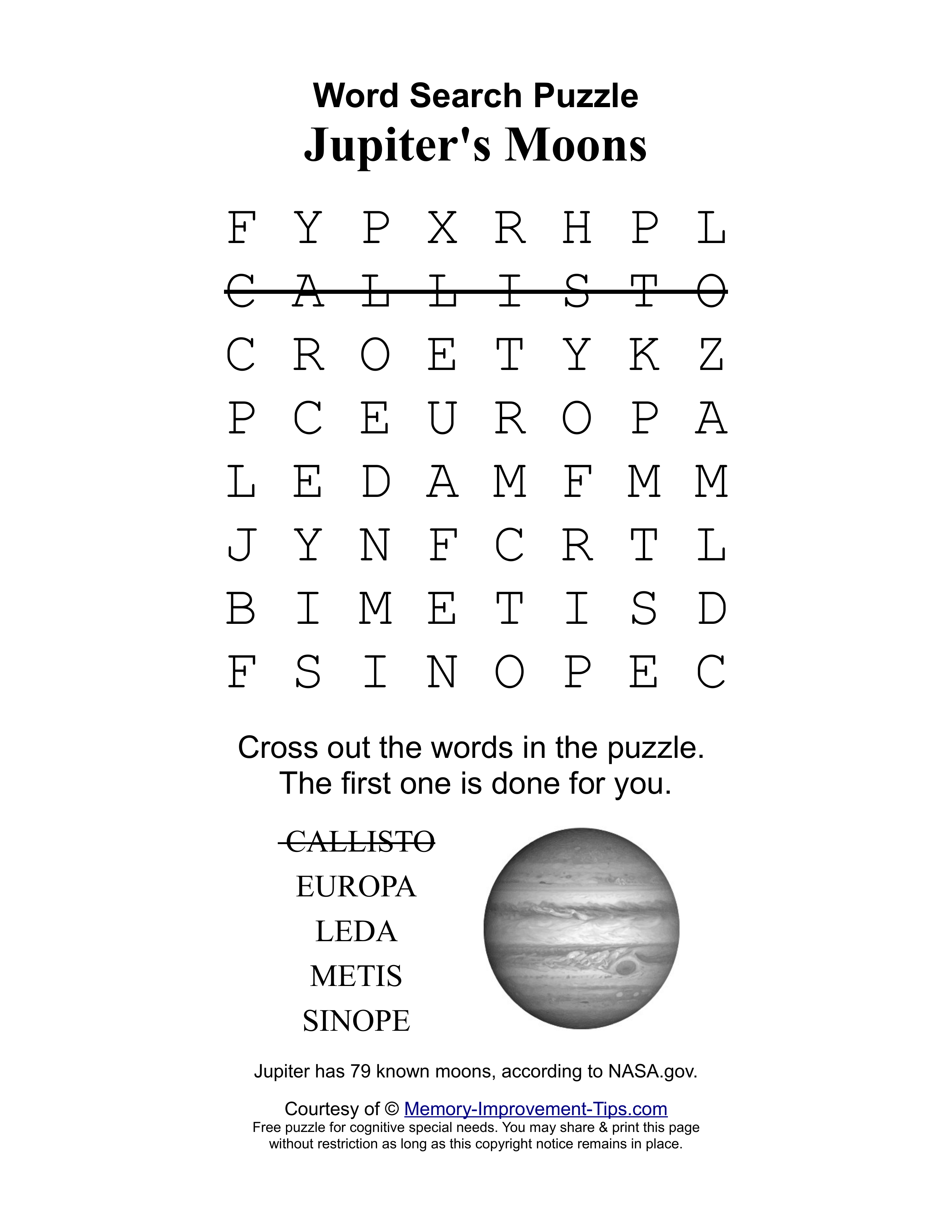 Jupiter's Moons special needs word search printable puzzle