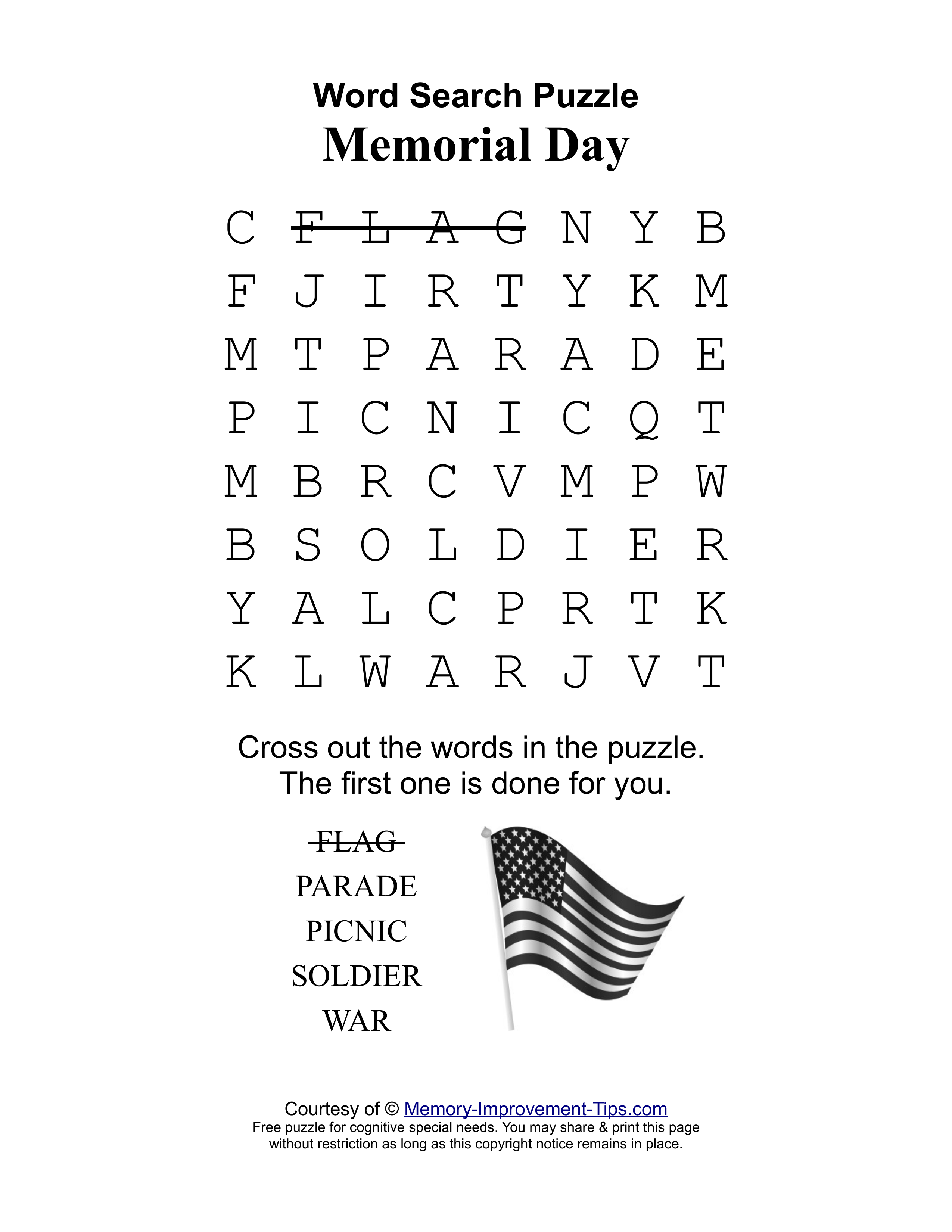 Memorial Day special needs word search printable puzzle