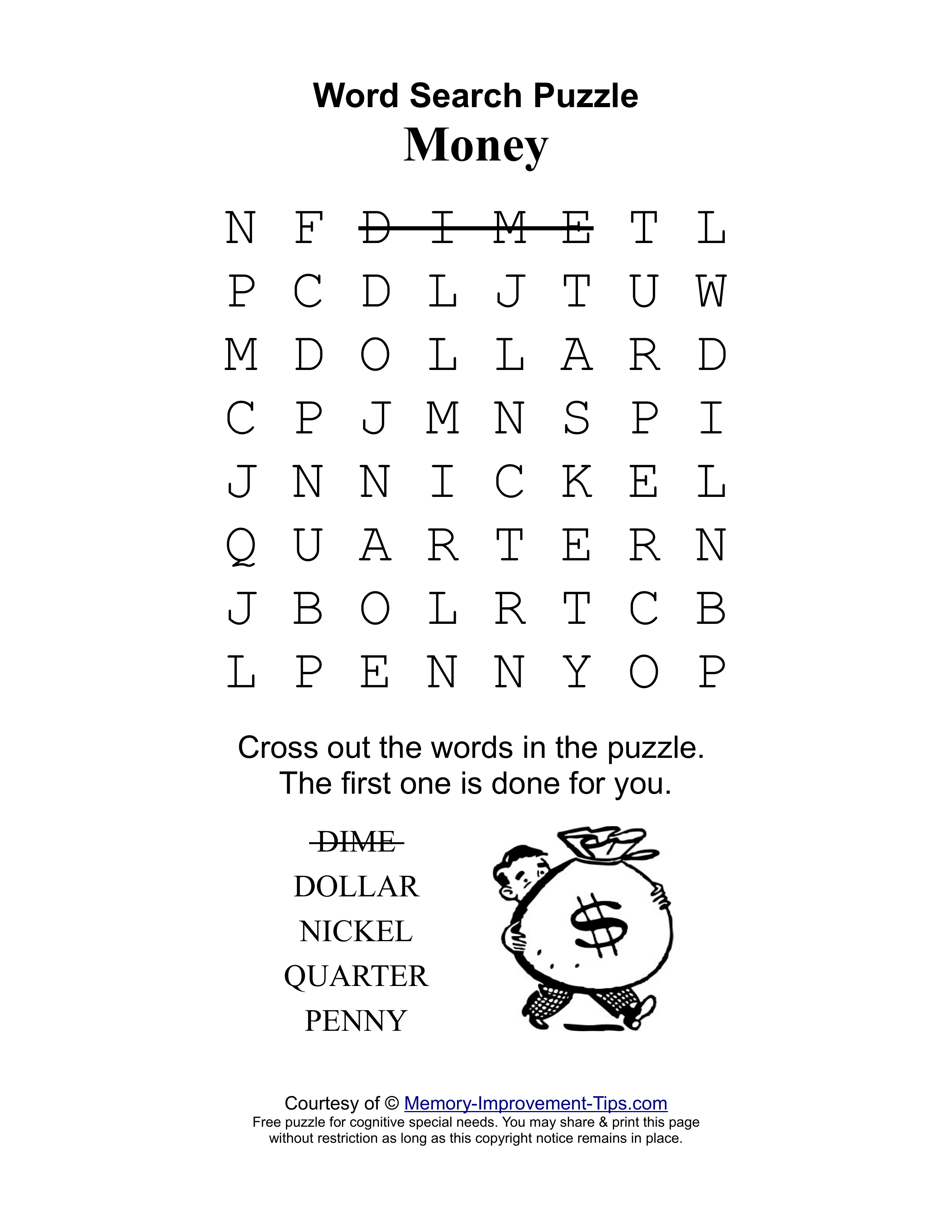 Money special needs word search printable puzzle