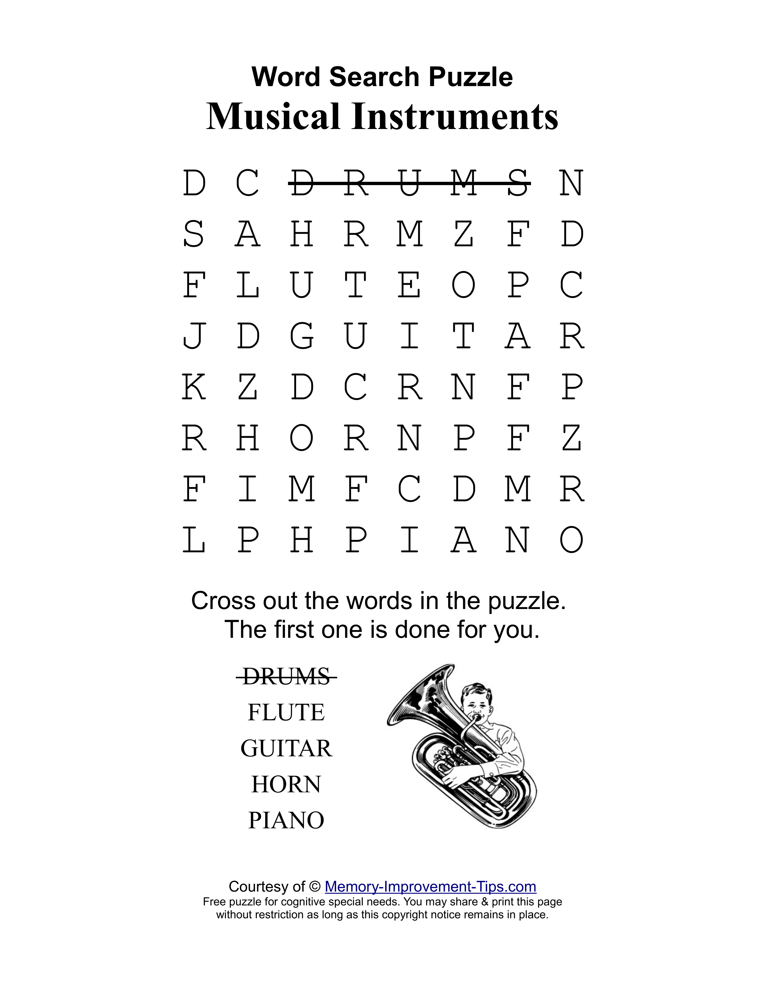 Musical Instruments special needs word search printable puzzle