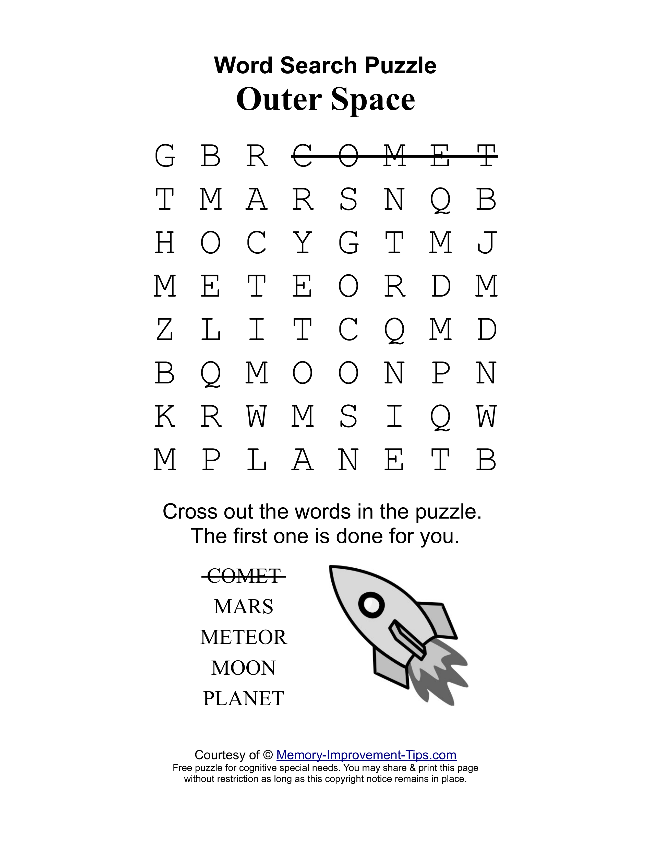 Outer Space special needs word search printable puzzle