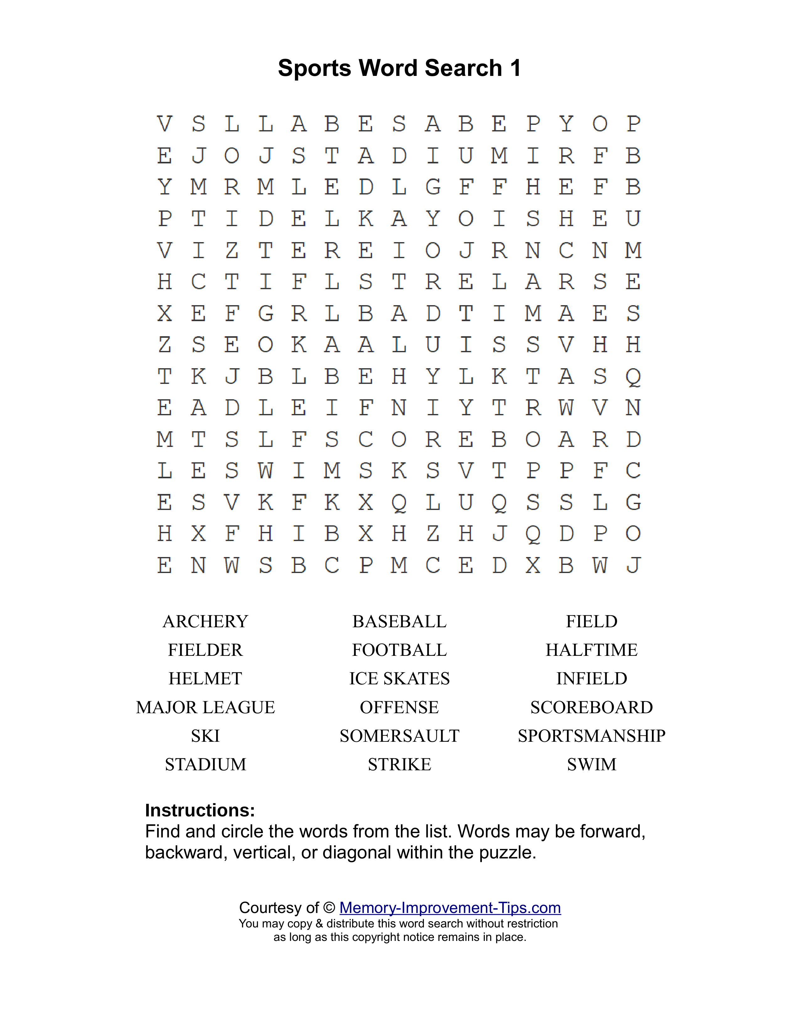 Sports 1 word search printable puzzle