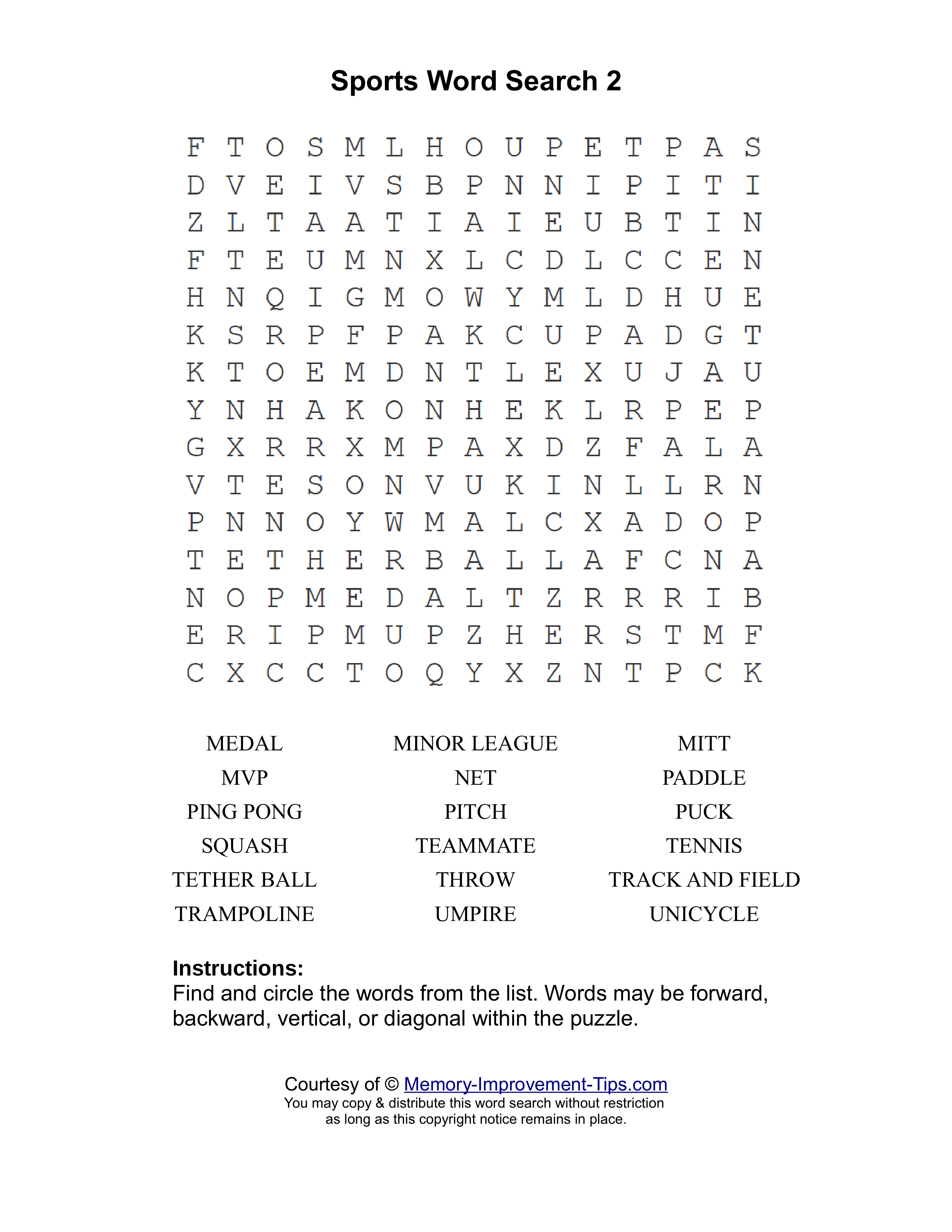 Sports 2 word search printable puzzle