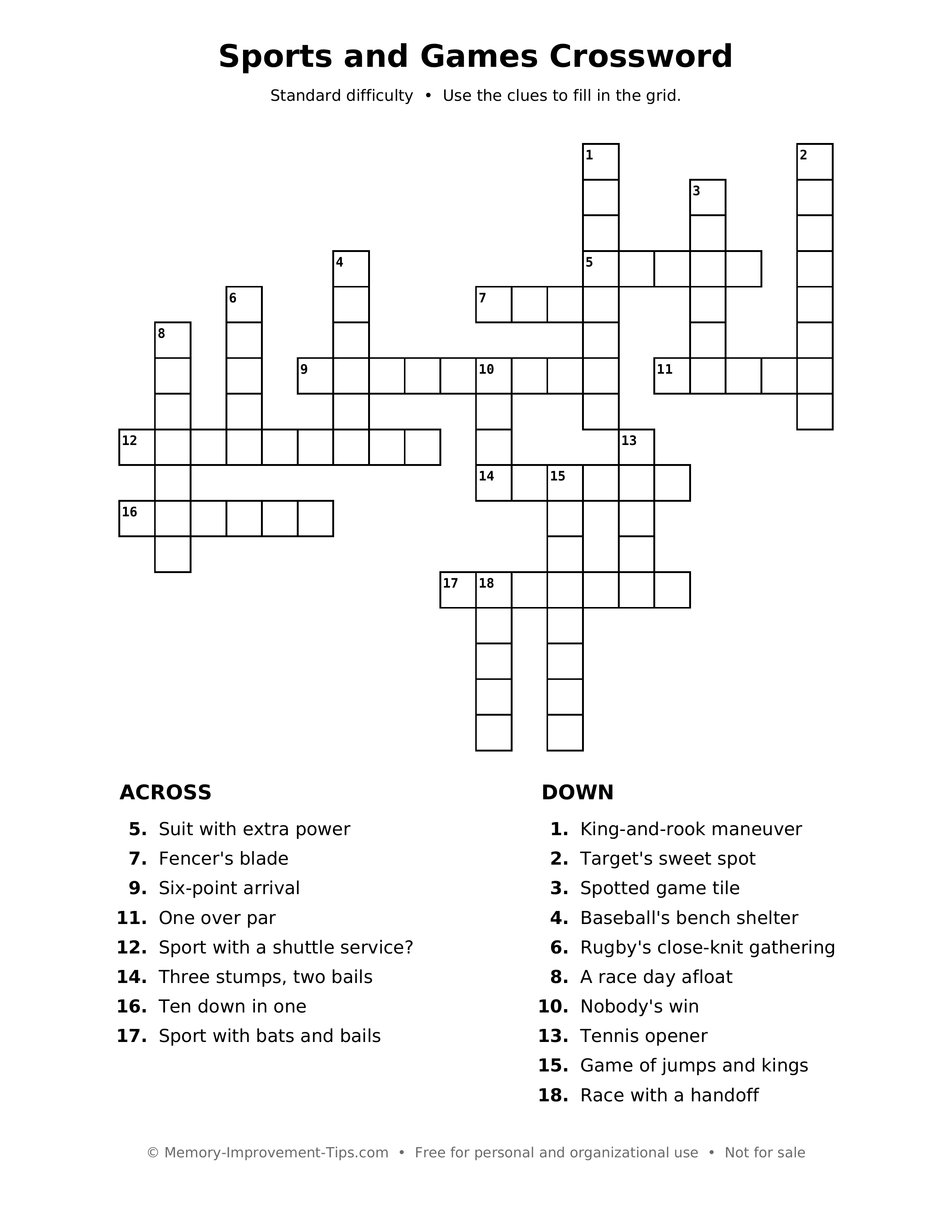 Printable puzzle: Sports and Games Crossword