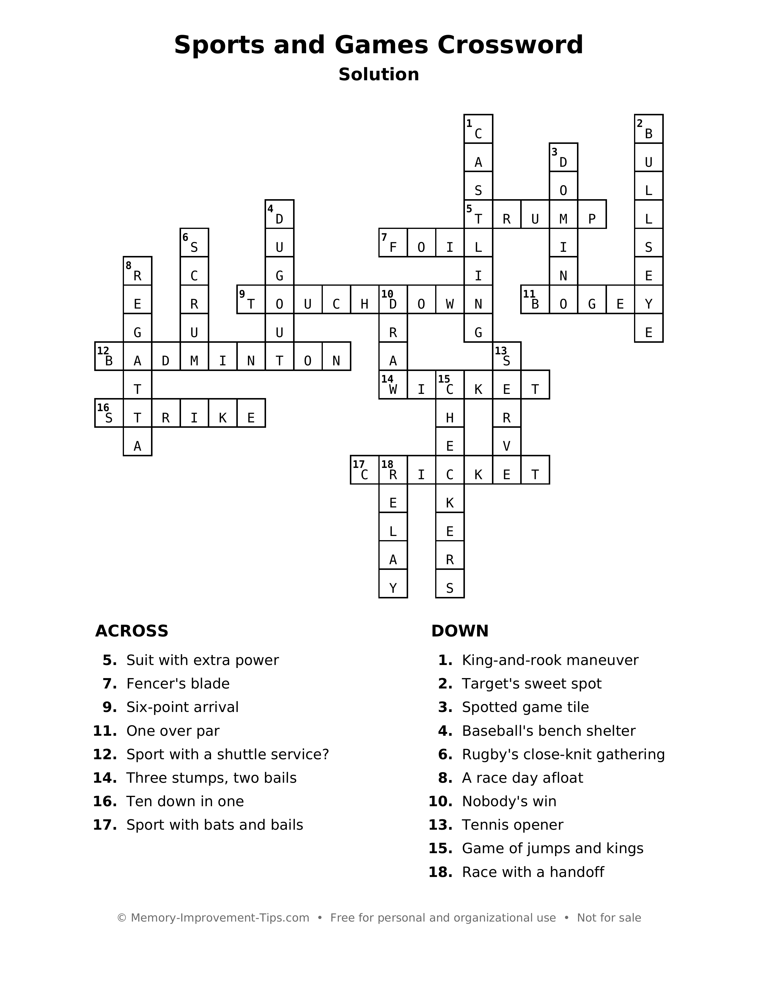 Answer key: Sports and Games Crossword