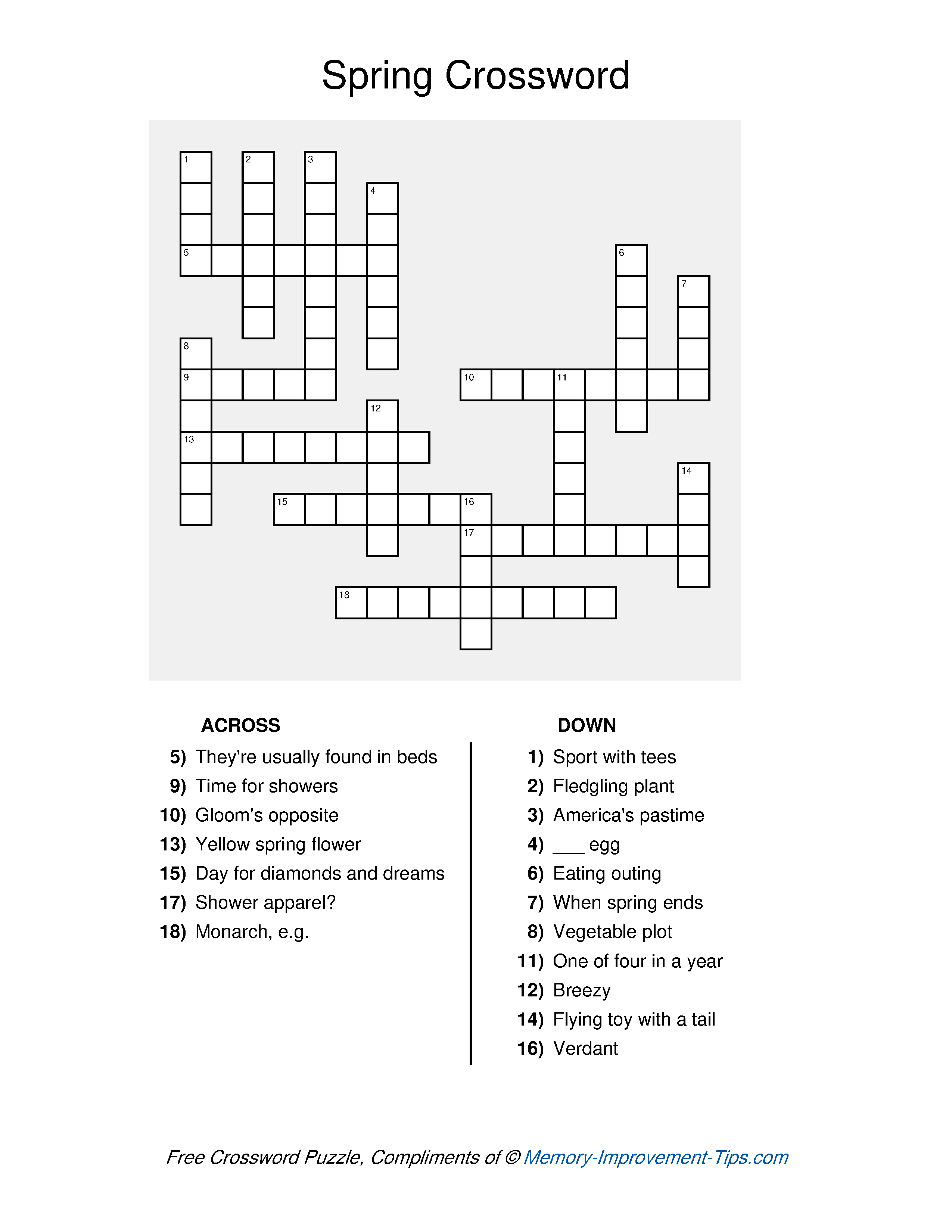 Free printable Spring Crossword Puzzle with clues