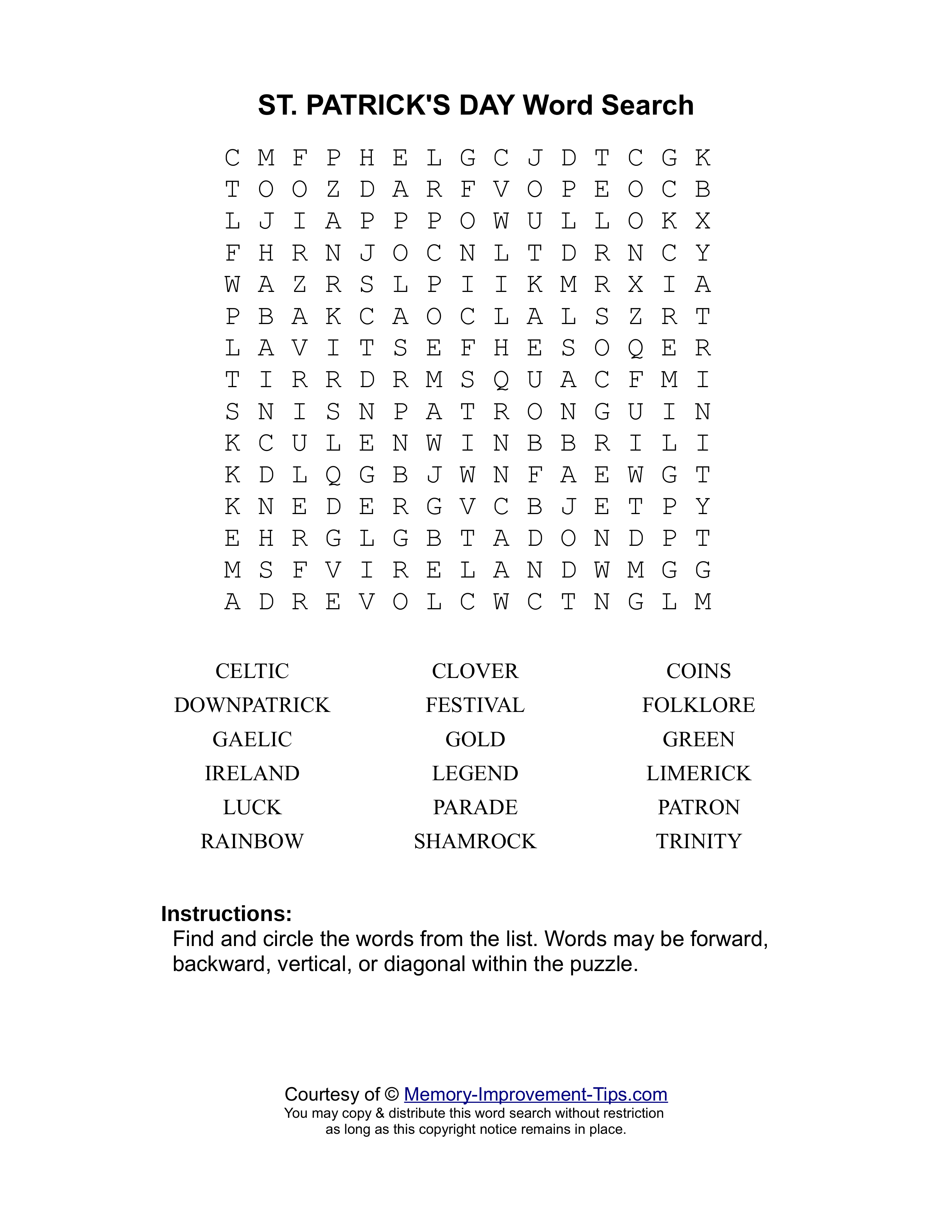 St. Patrick's Day word search printable puzzle