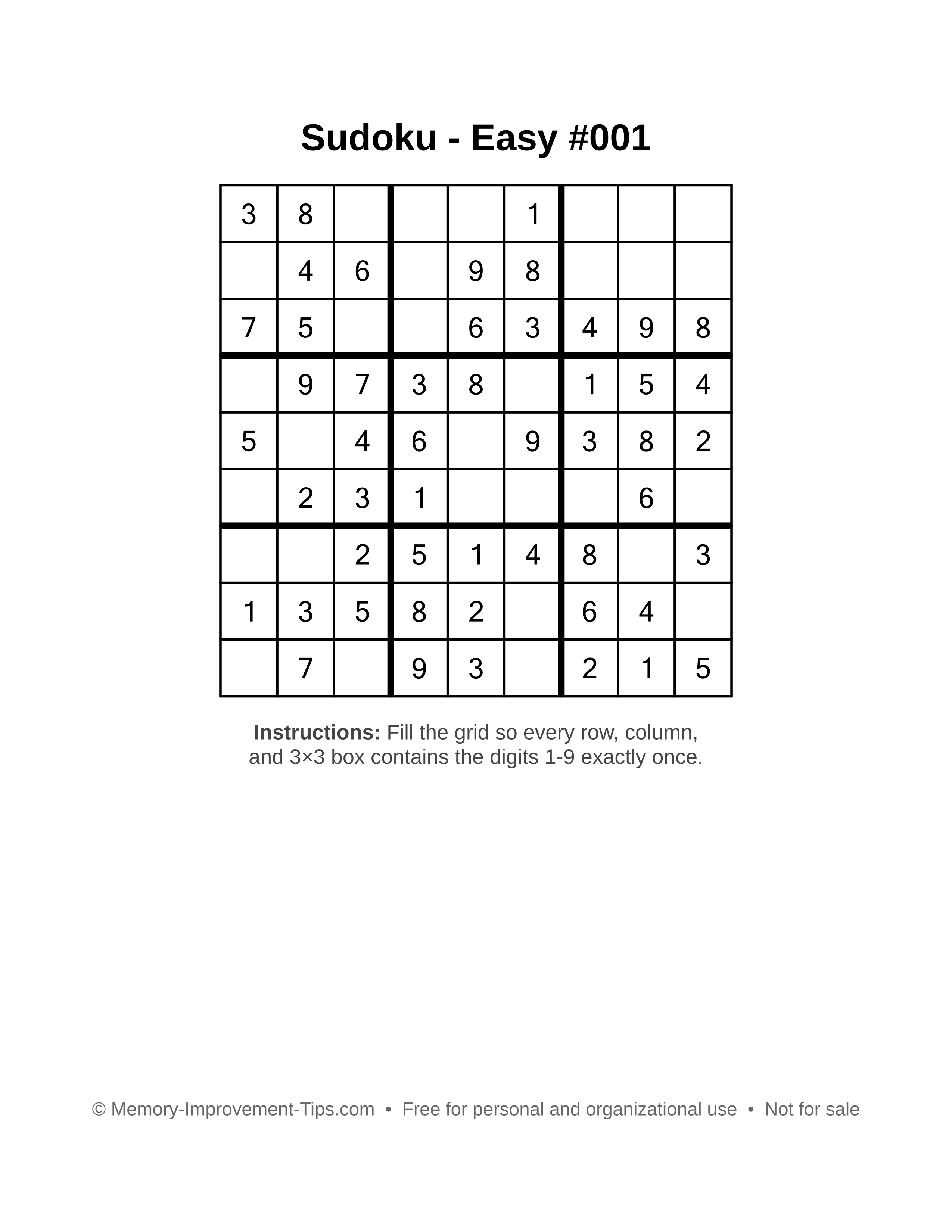 Free printable Sudoku puzzle Easy #001