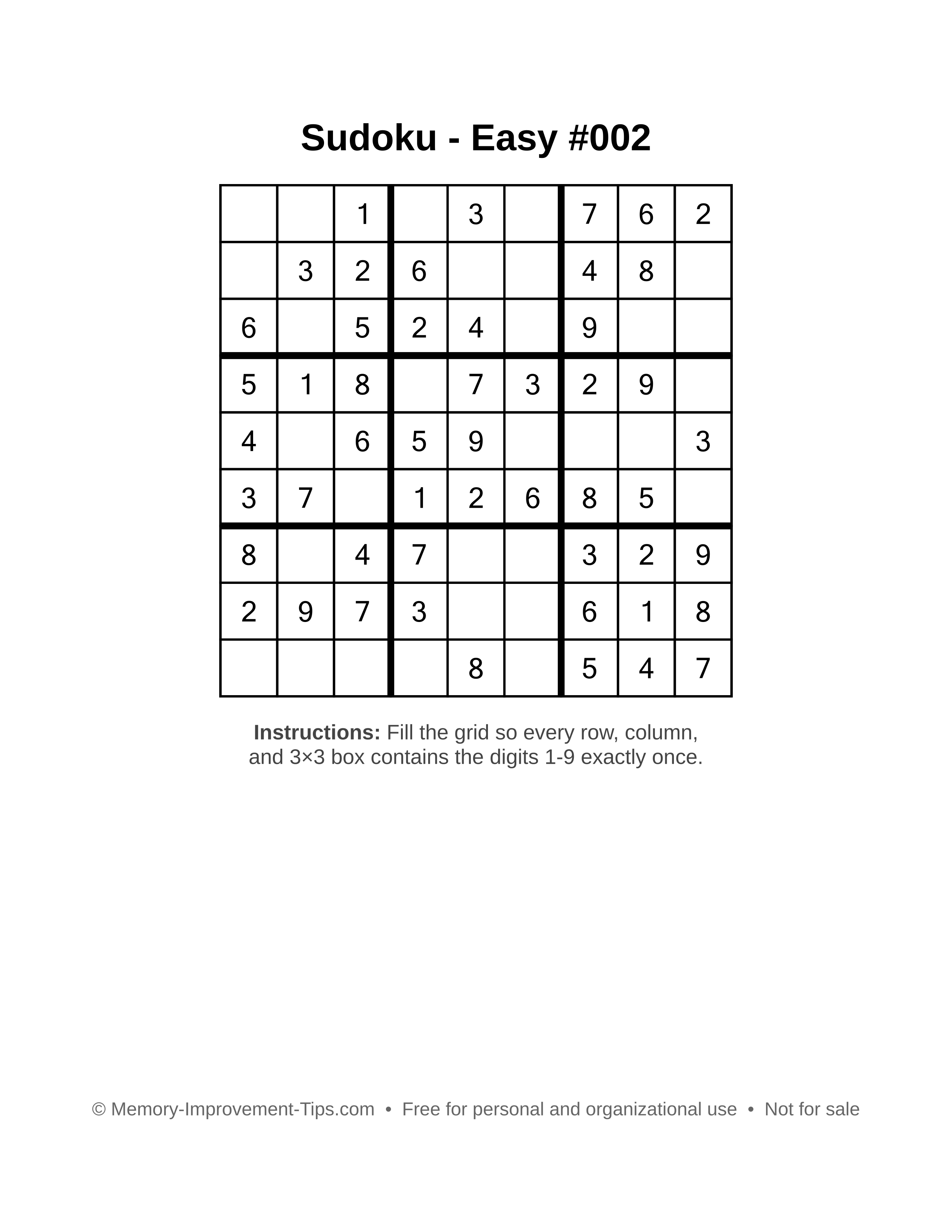 Free printable Sudoku puzzle Easy #002