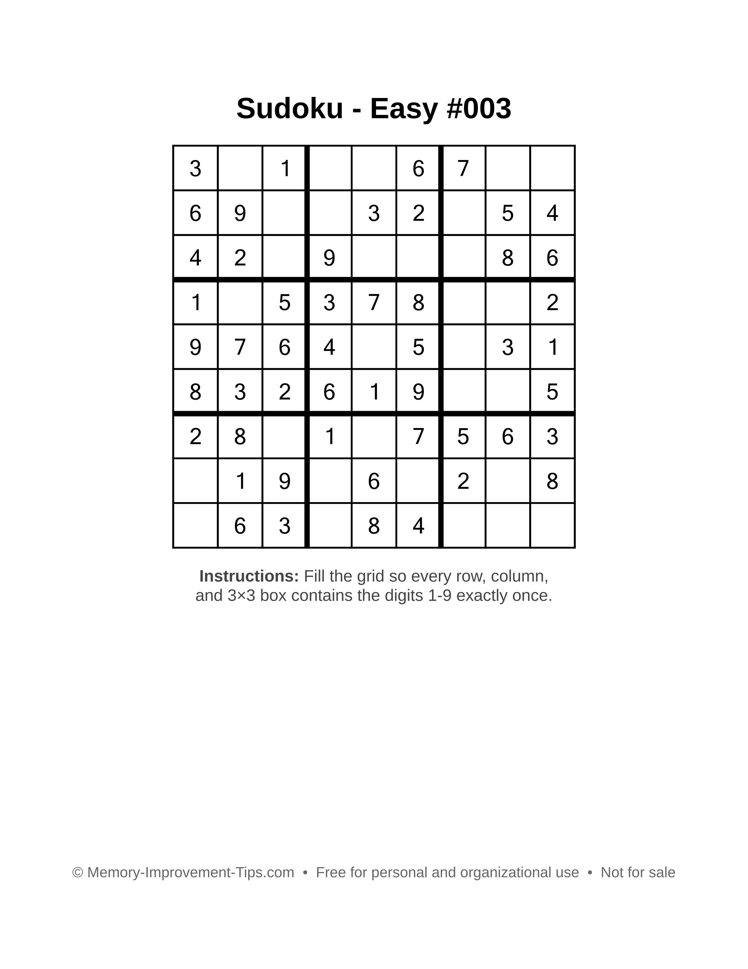 Free printable Sudoku puzzle Easy #003