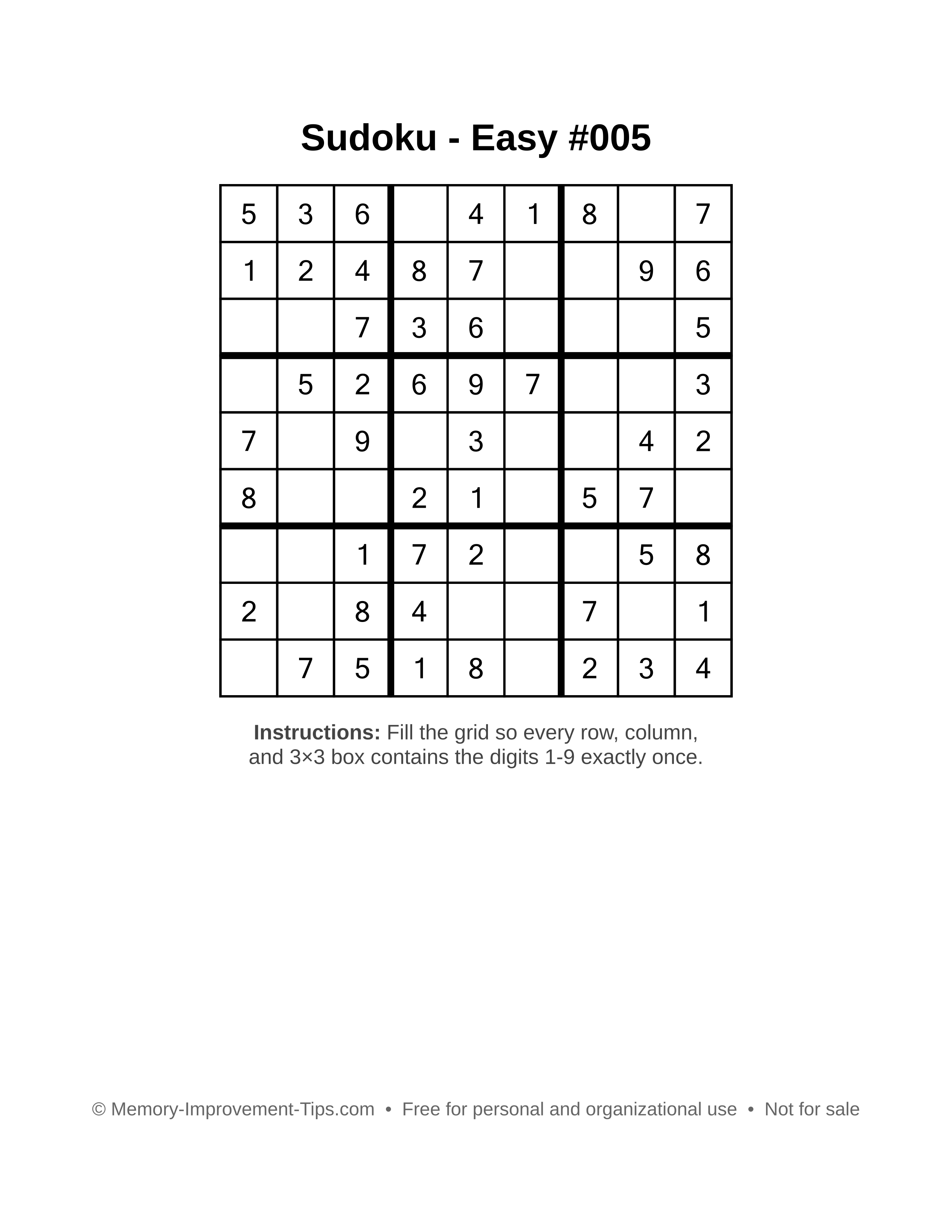 Free printable Sudoku puzzle Easy #005