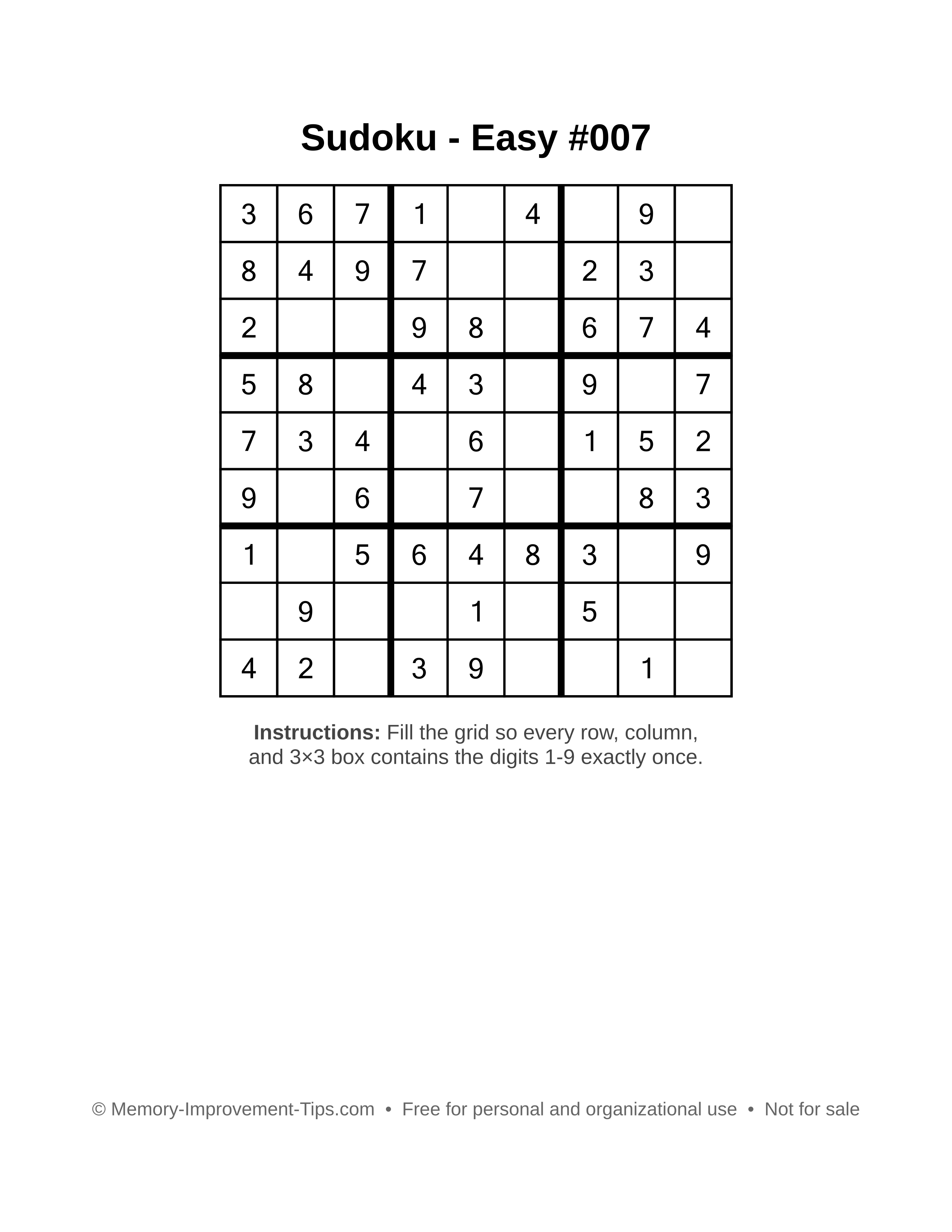 Free printable Sudoku puzzle Easy #007
