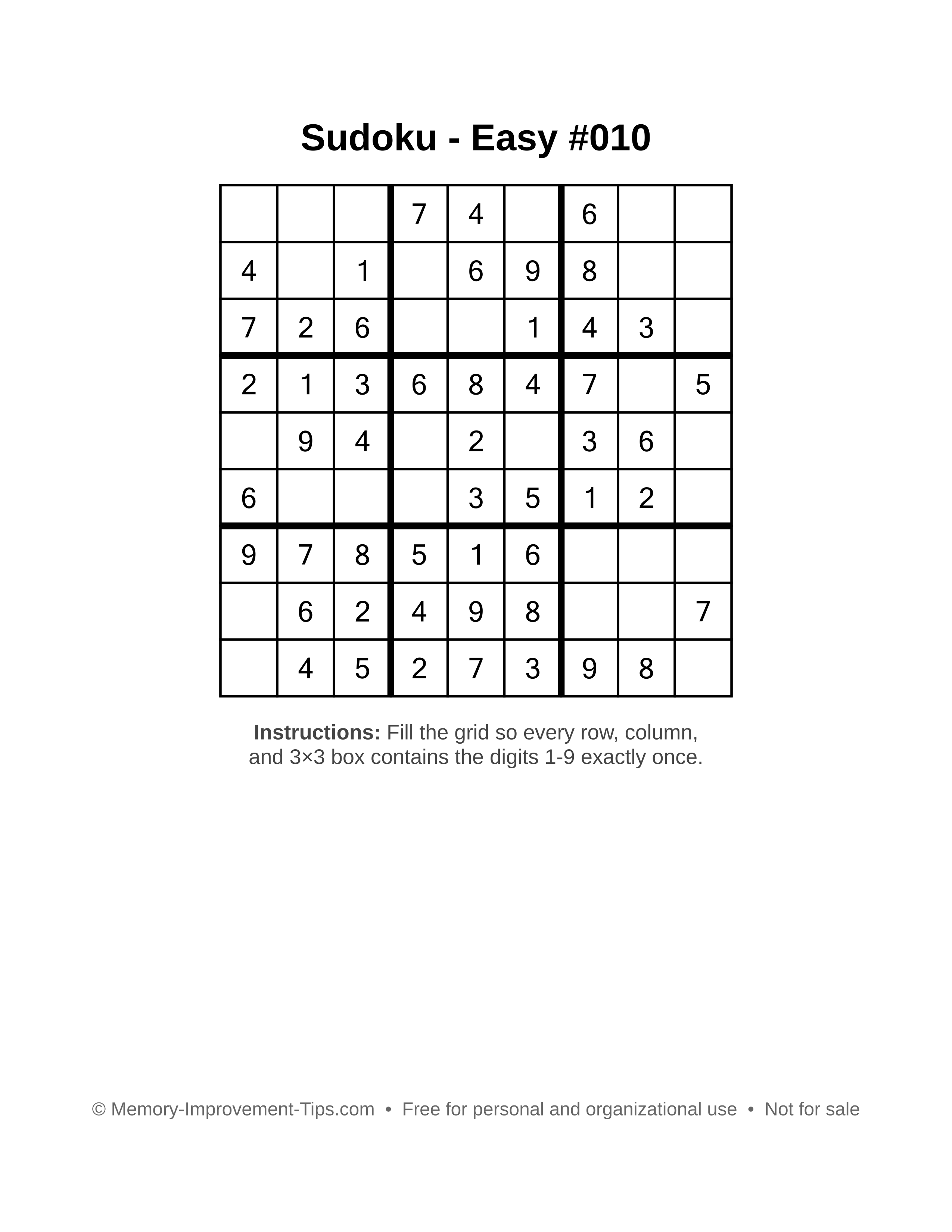 Free printable Sudoku puzzle Easy #010