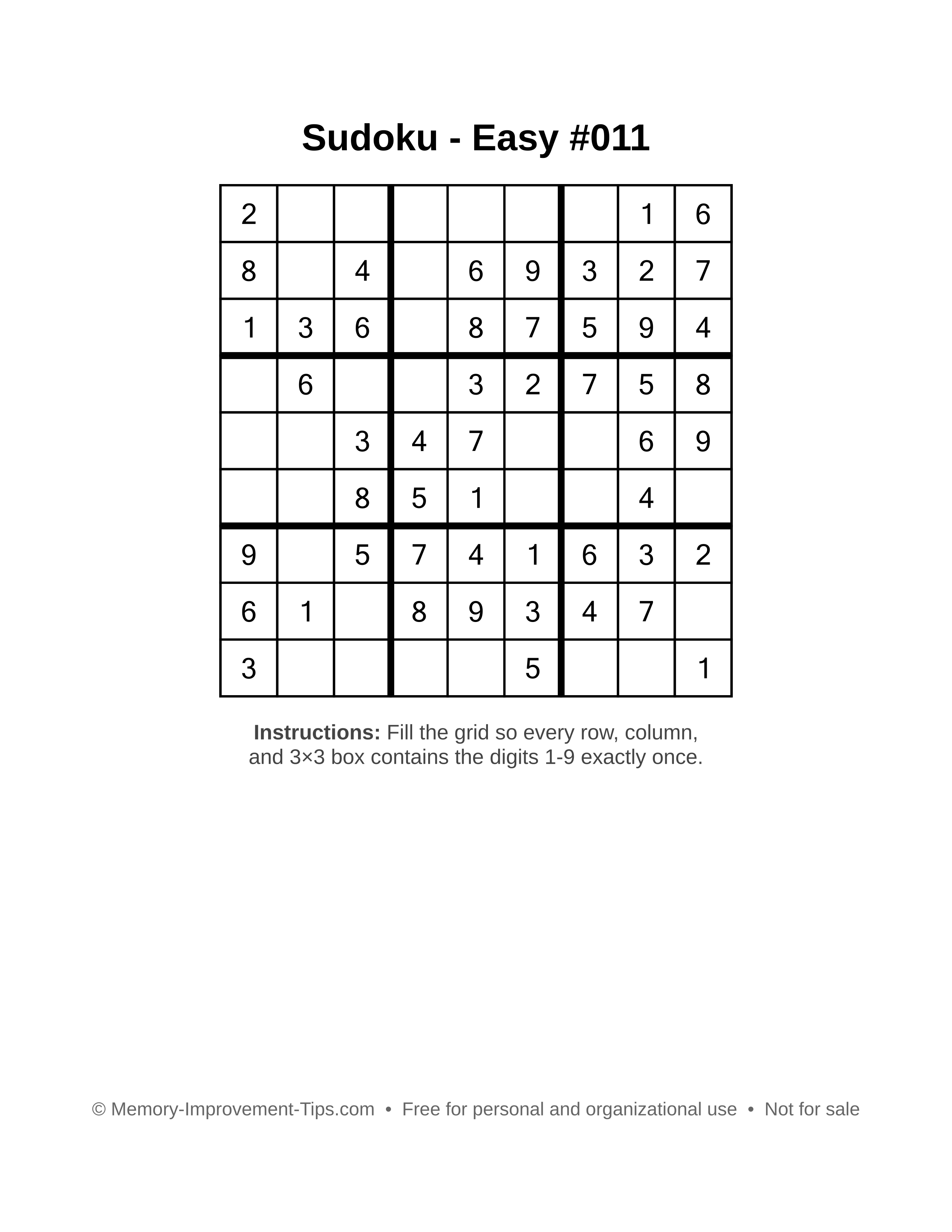 Free printable Sudoku puzzle Easy #011