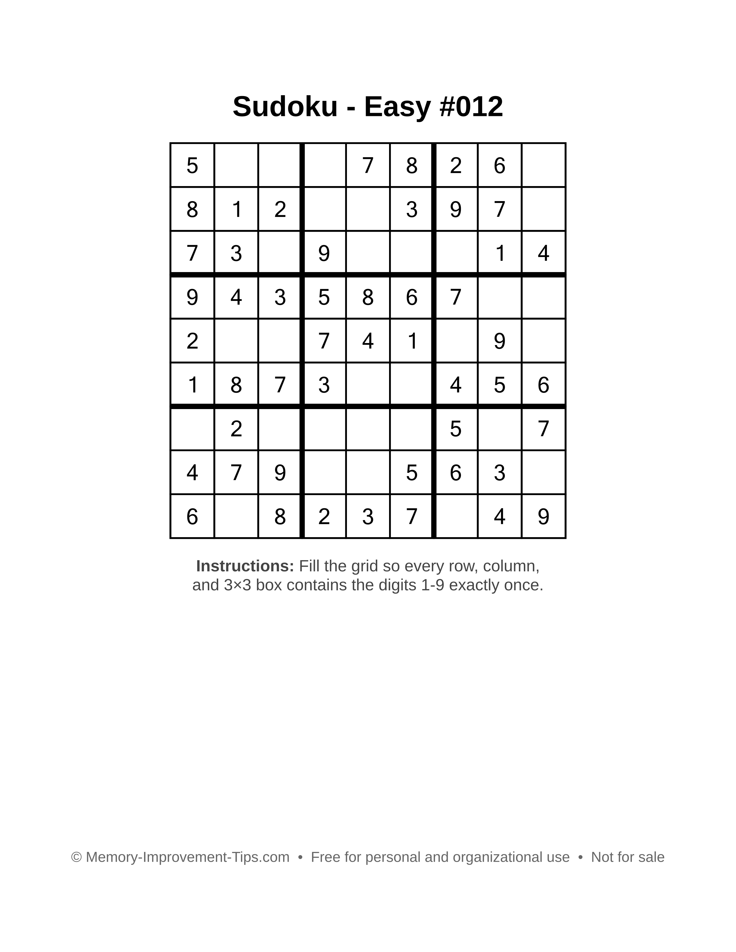 Free printable Sudoku puzzle Easy #012