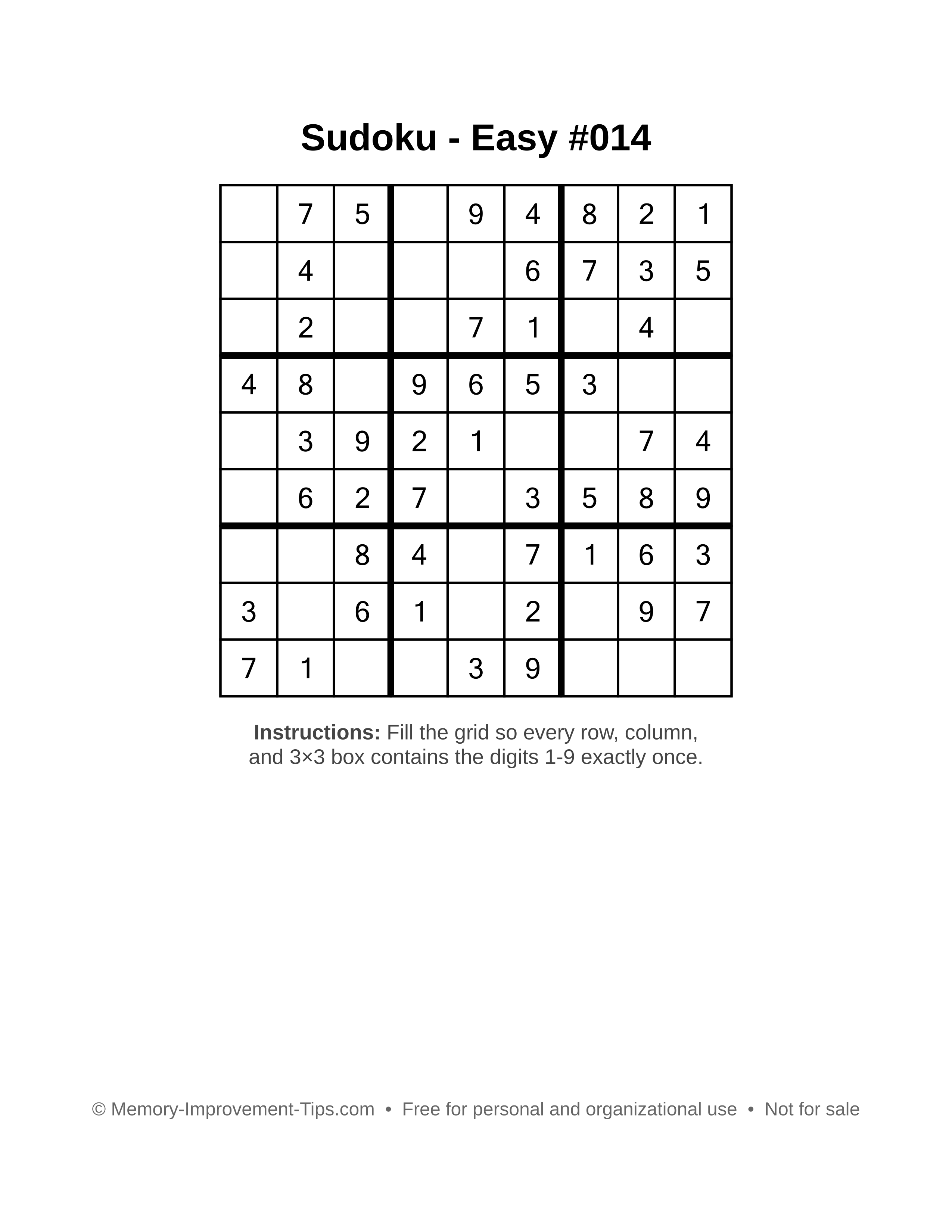 Free printable Sudoku puzzle Easy #014