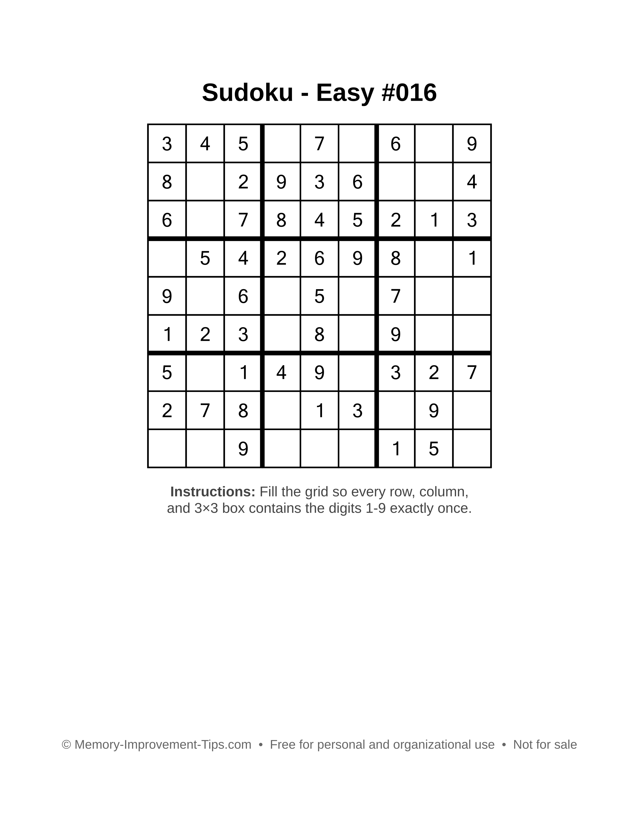 Free printable Sudoku puzzle Easy #016