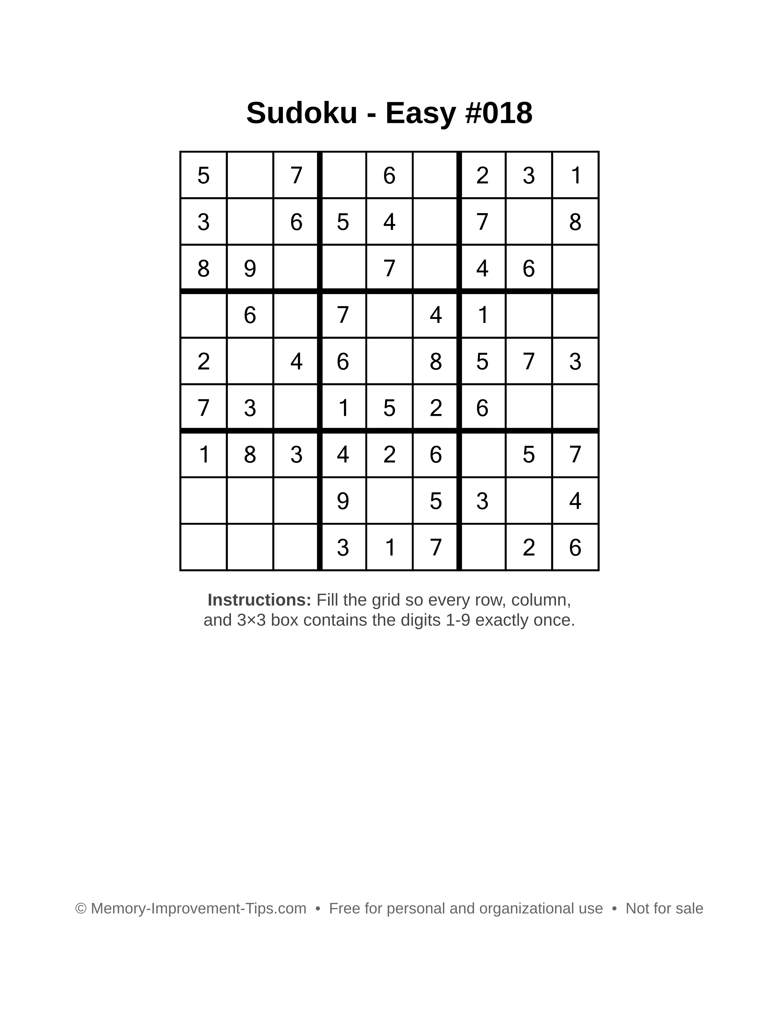 Free printable Sudoku puzzle Easy #018
