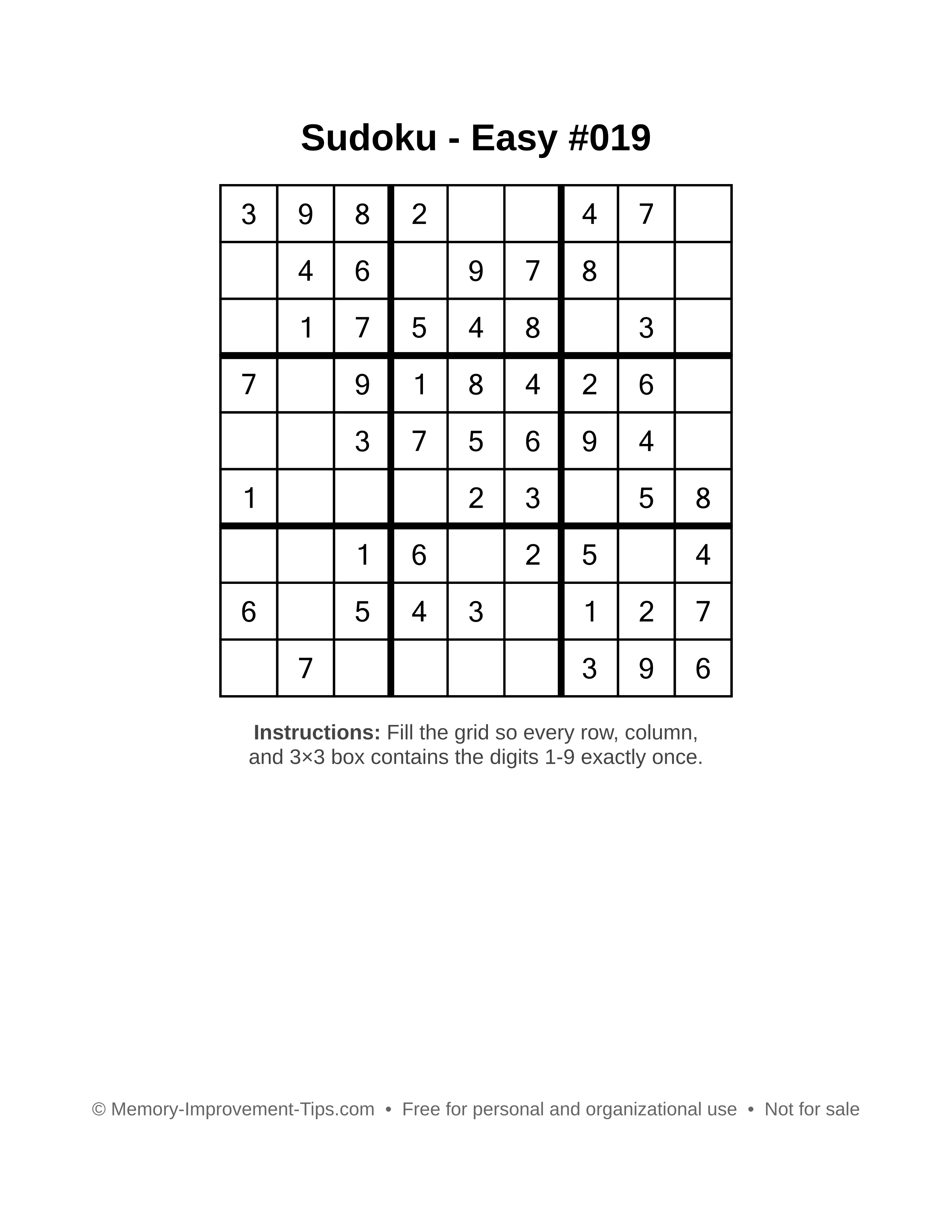 Free printable Sudoku puzzle Easy #019