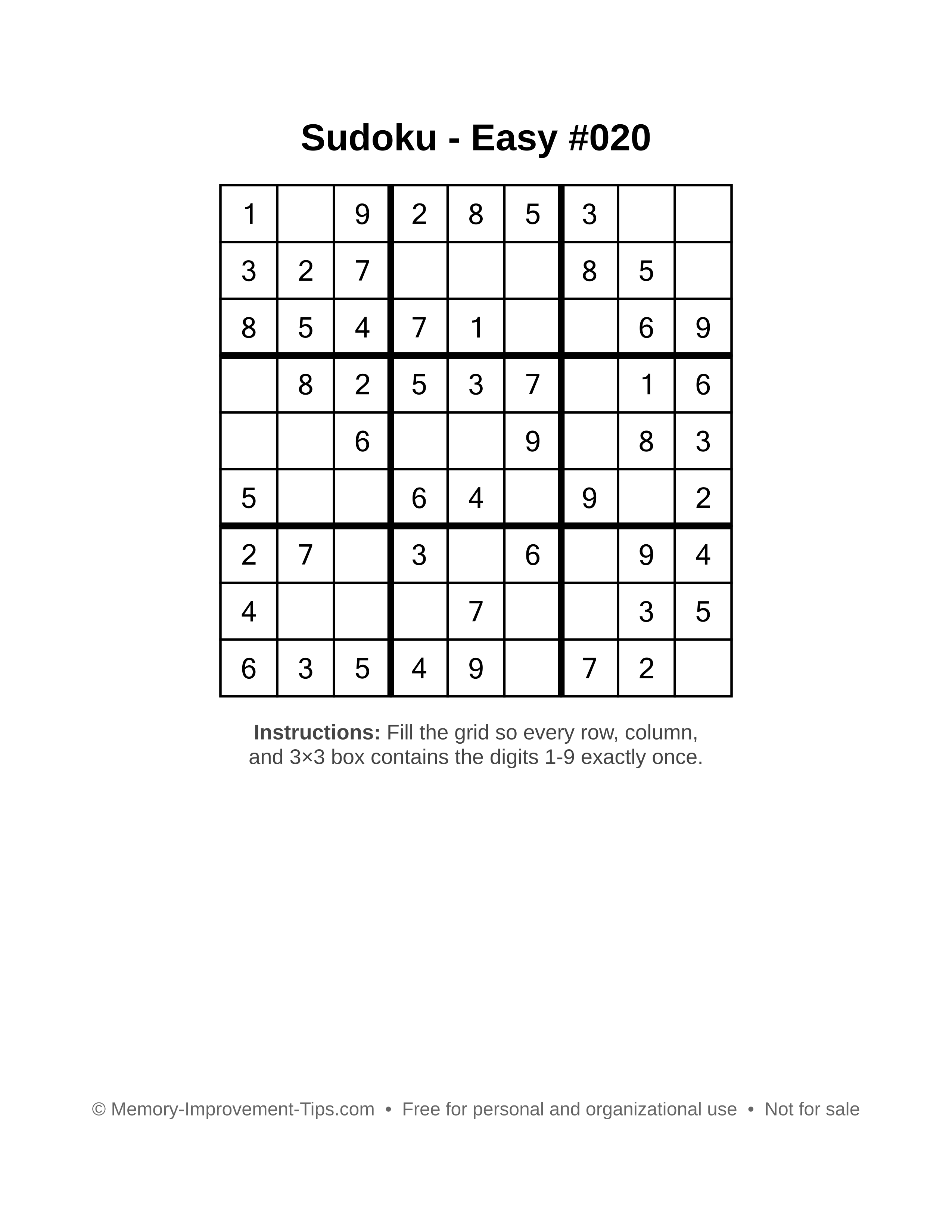 Free printable Sudoku puzzle Easy #020