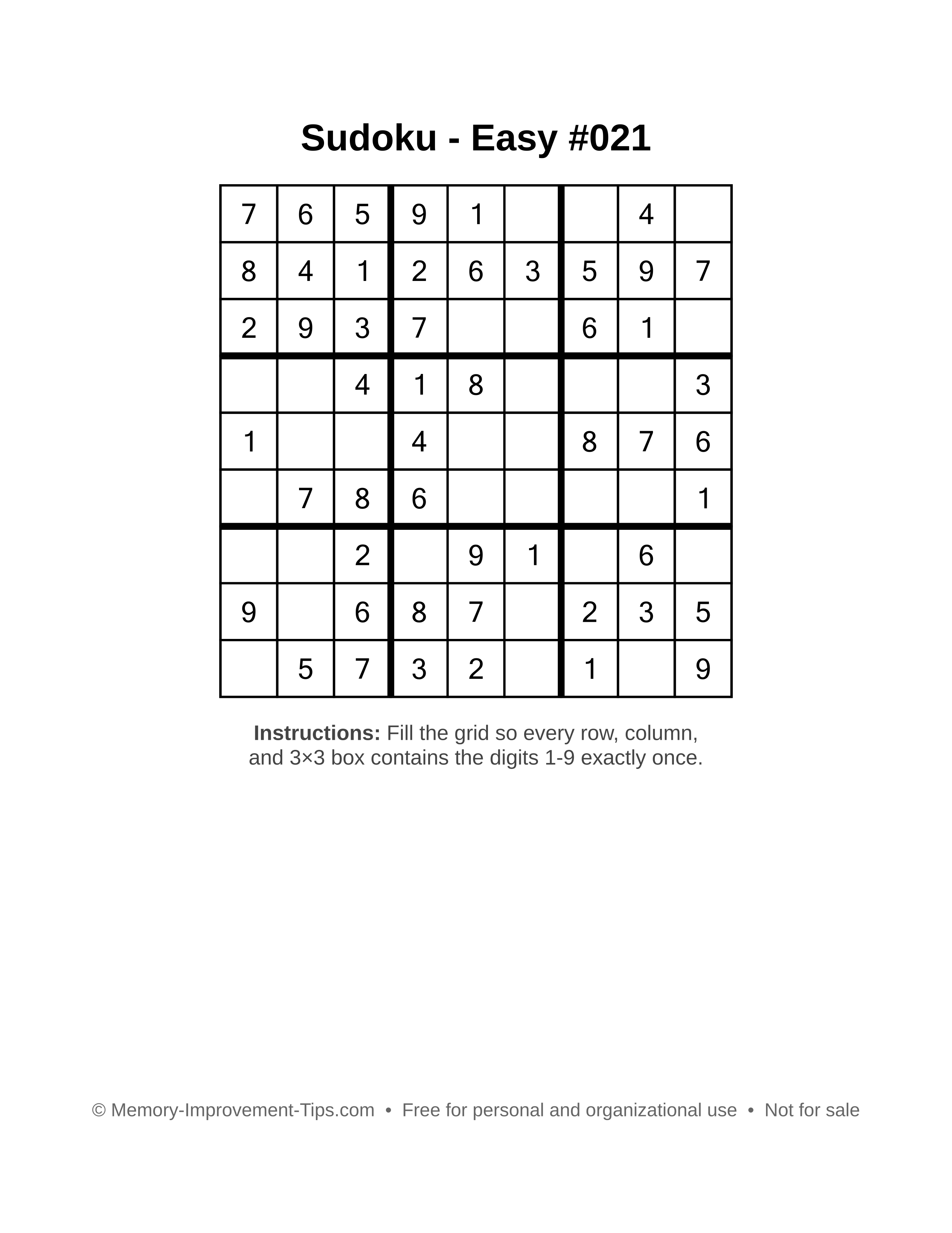 Free printable Sudoku puzzle Easy #021