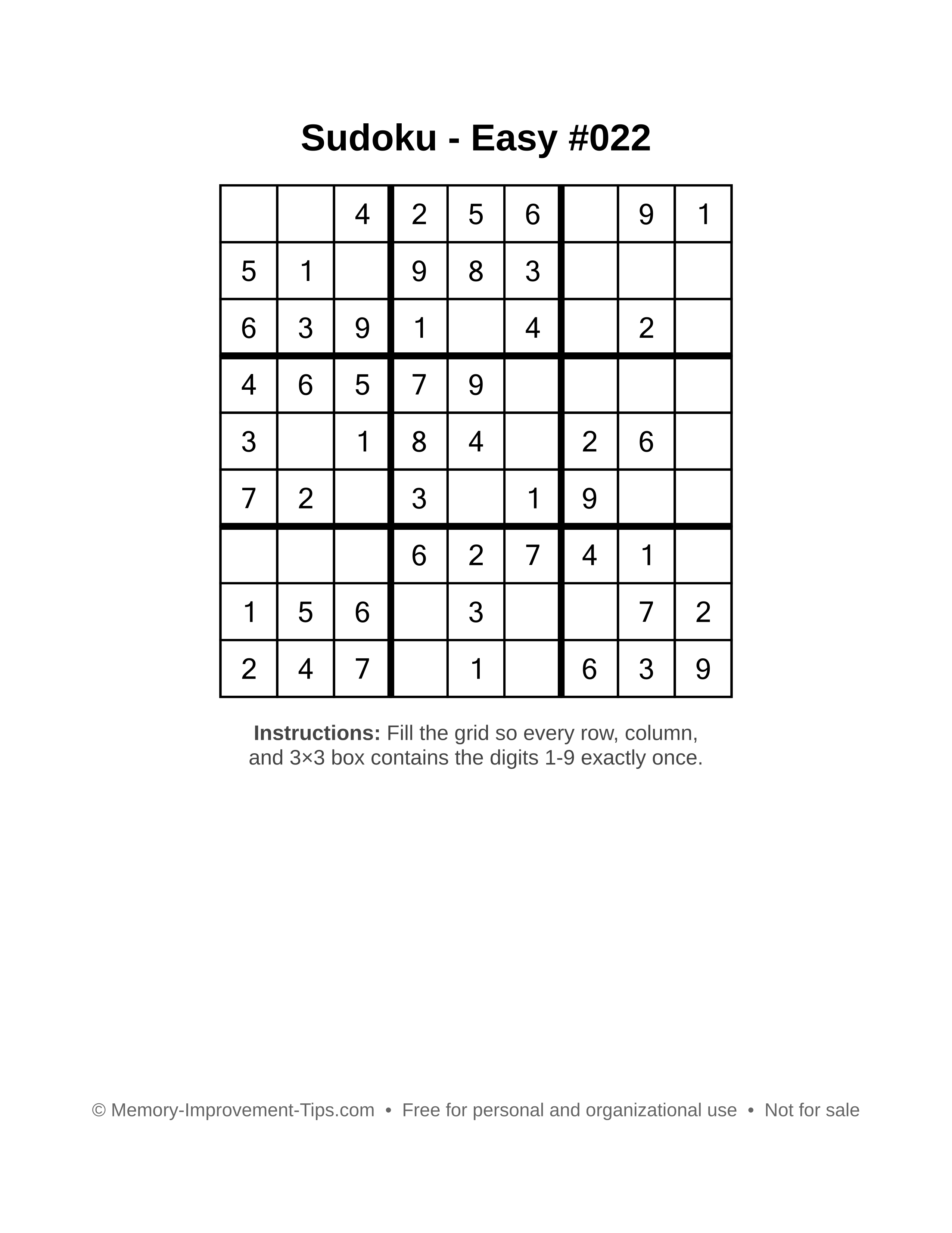 Free printable Sudoku puzzle Easy #022