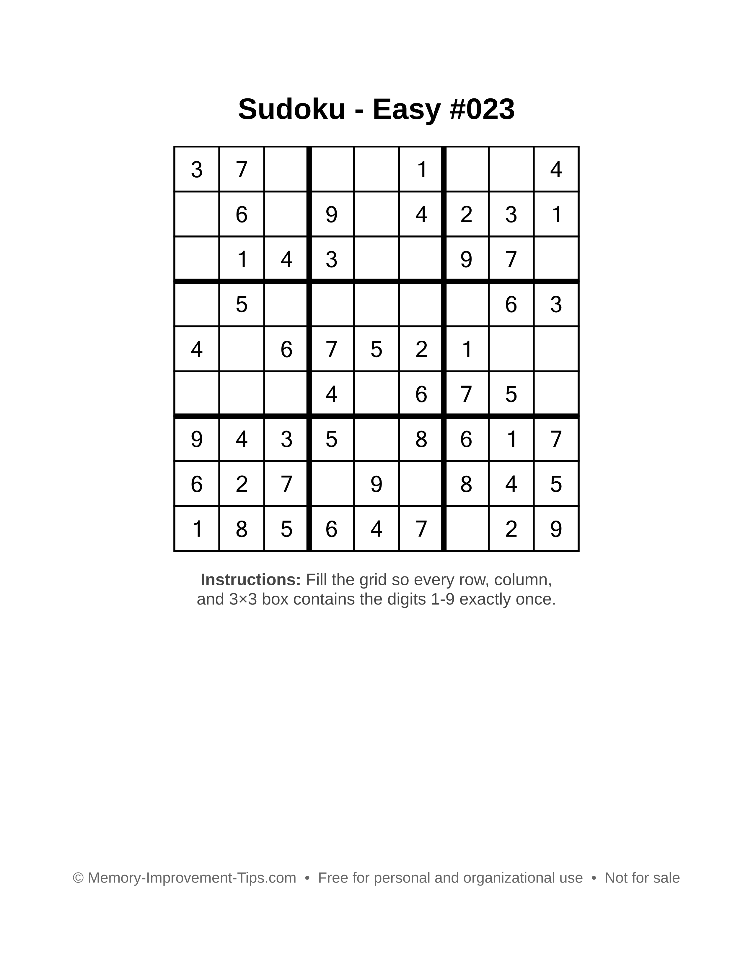 Free printable Sudoku puzzle Easy #023