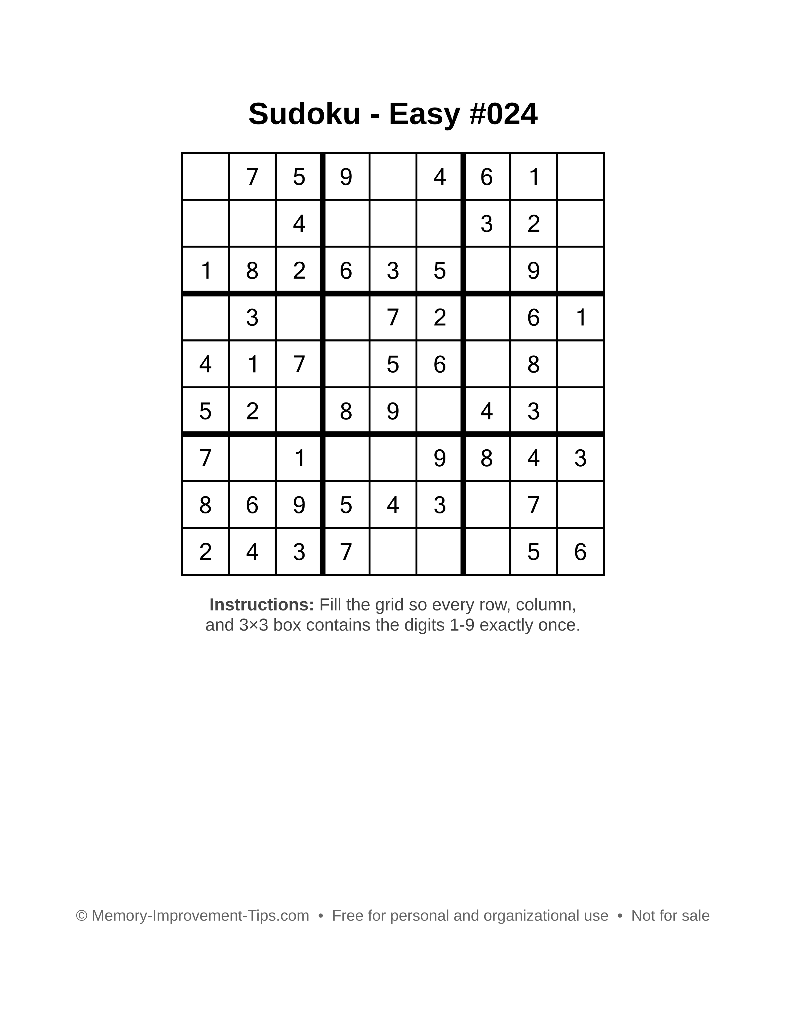 Free printable Sudoku puzzle Easy #024