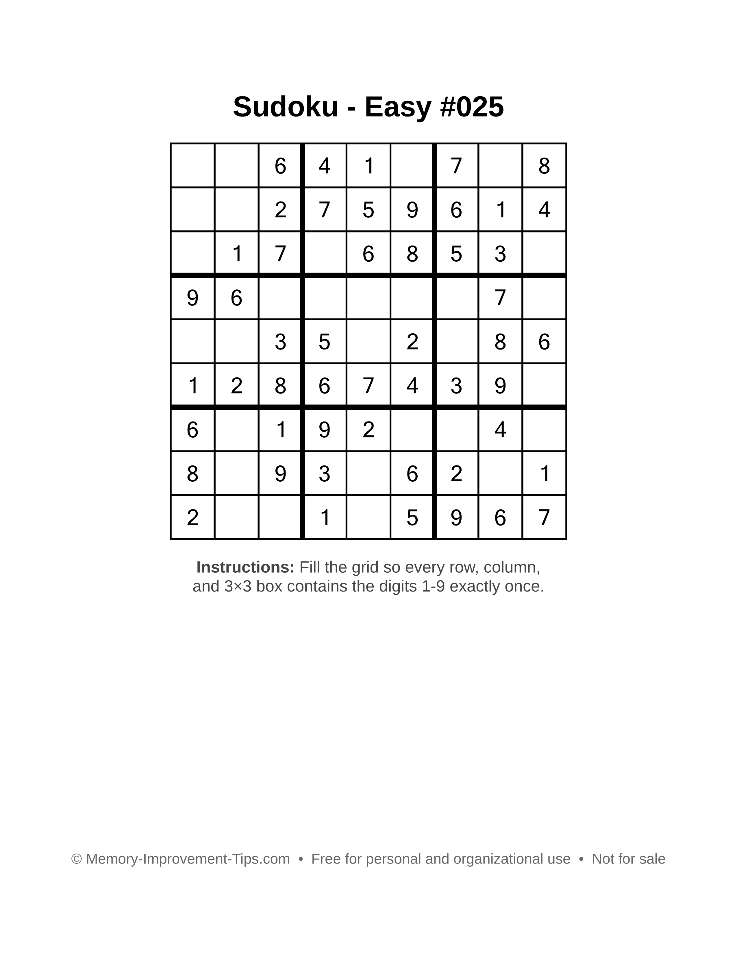 Free printable Sudoku puzzle Easy #025
