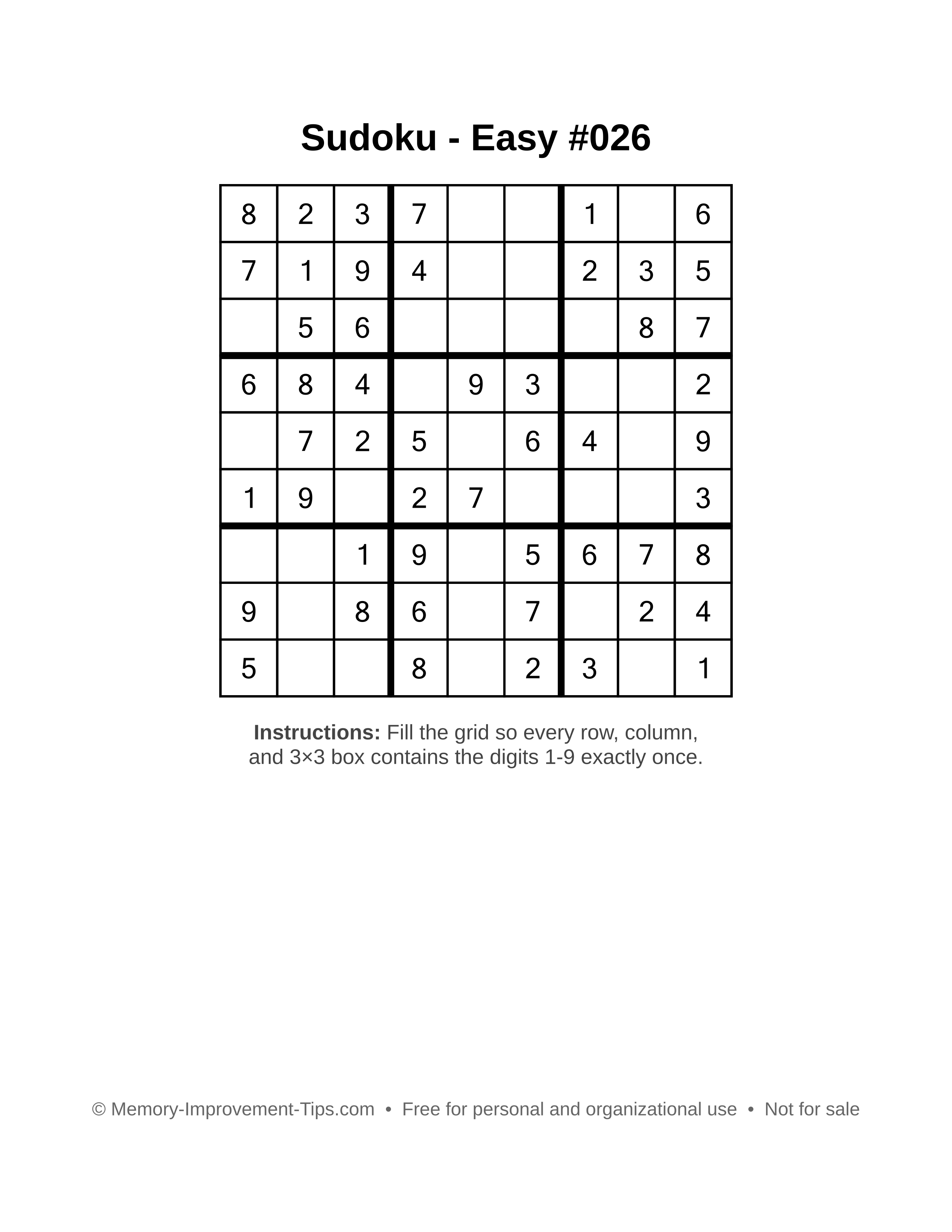 Free printable Sudoku puzzle Easy #026