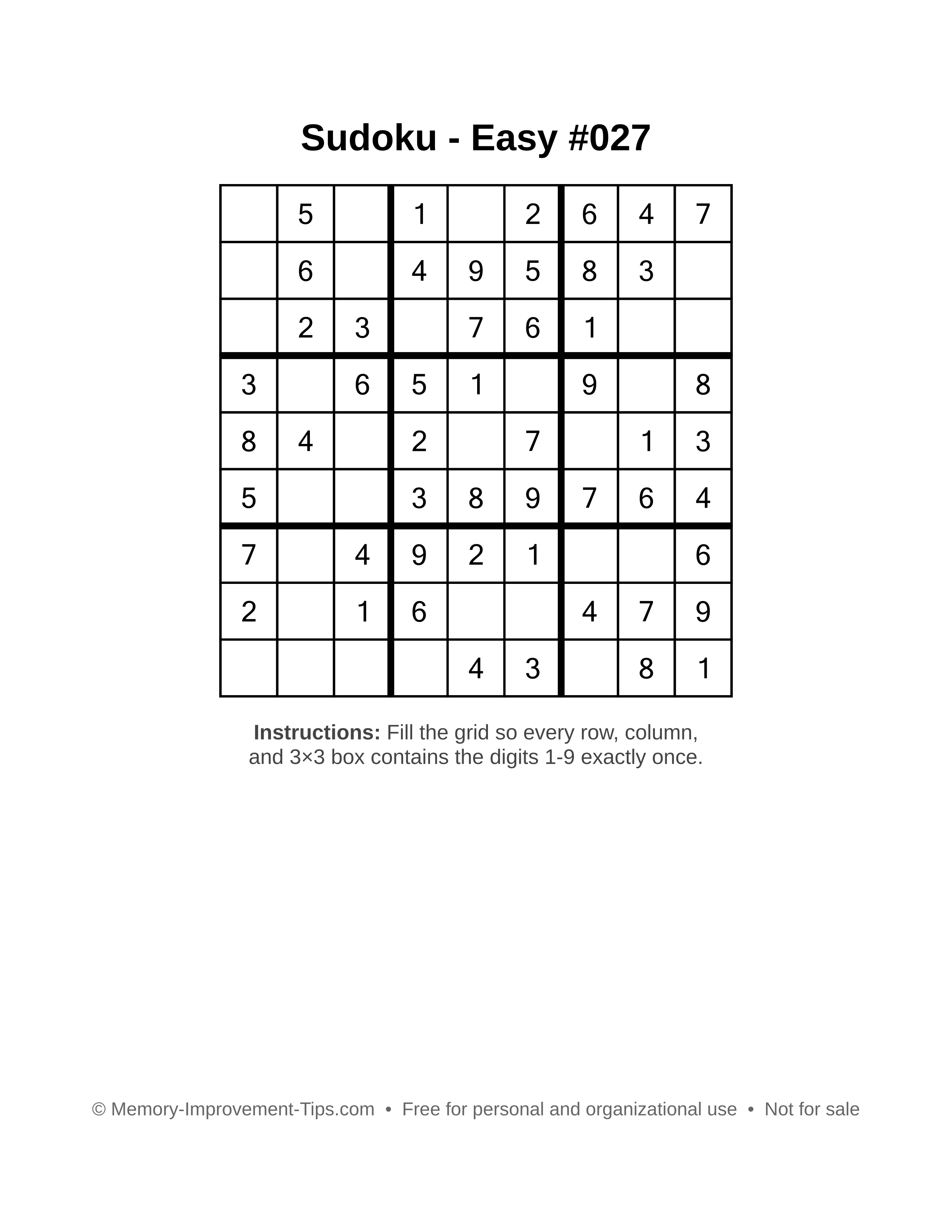 Free printable Sudoku puzzle Easy #027