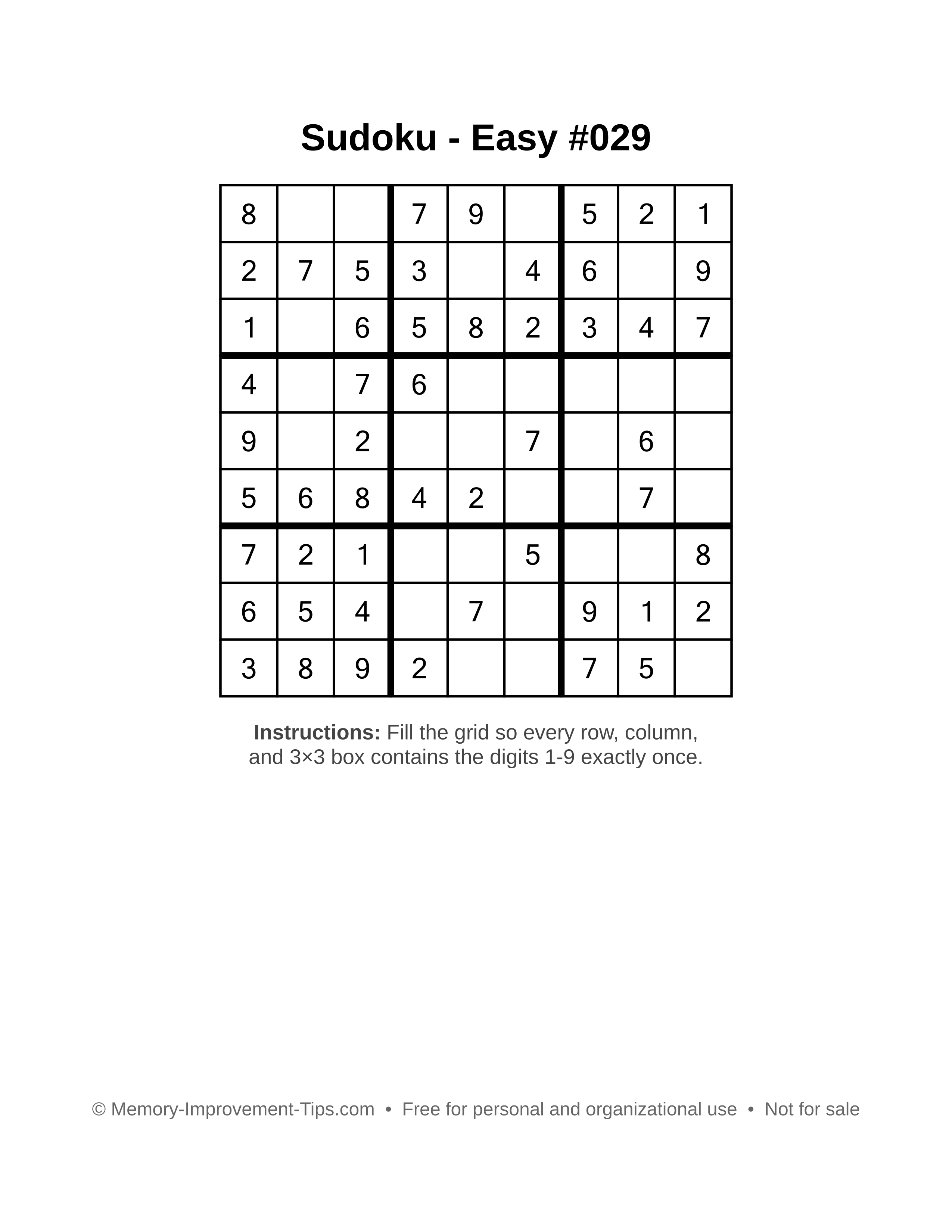 Free printable Sudoku puzzle Easy #029