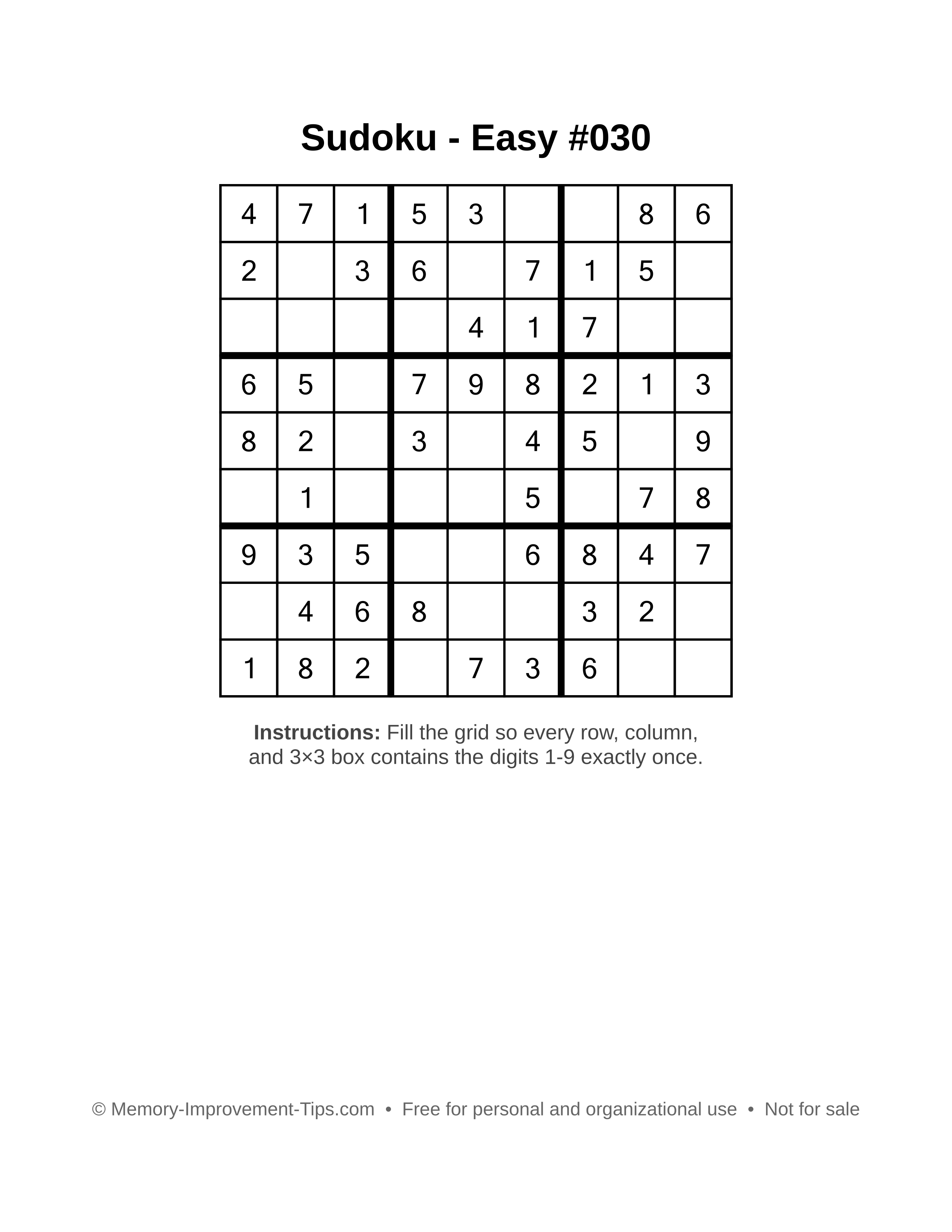 Free printable Sudoku puzzle Easy #030