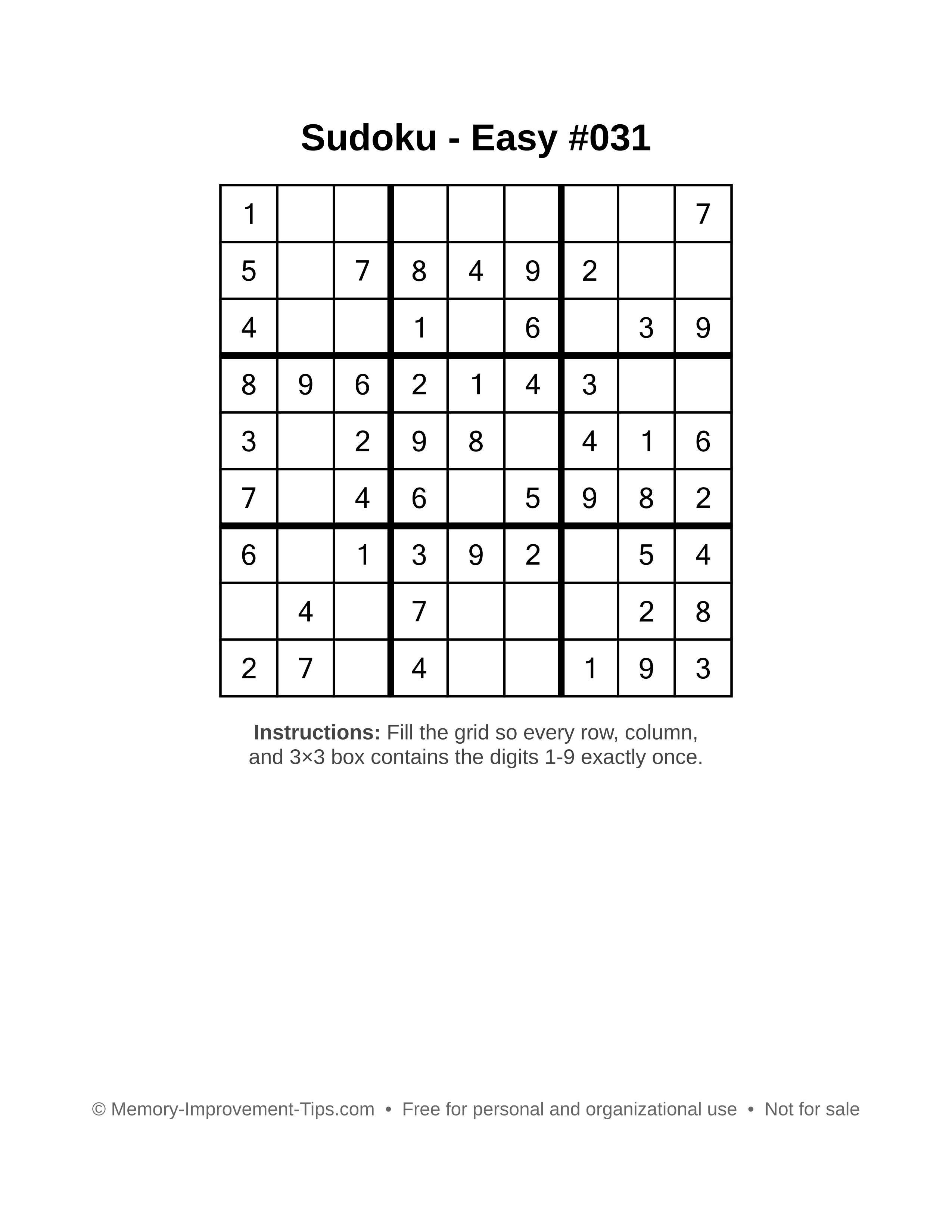 Free printable Sudoku puzzle Easy #031